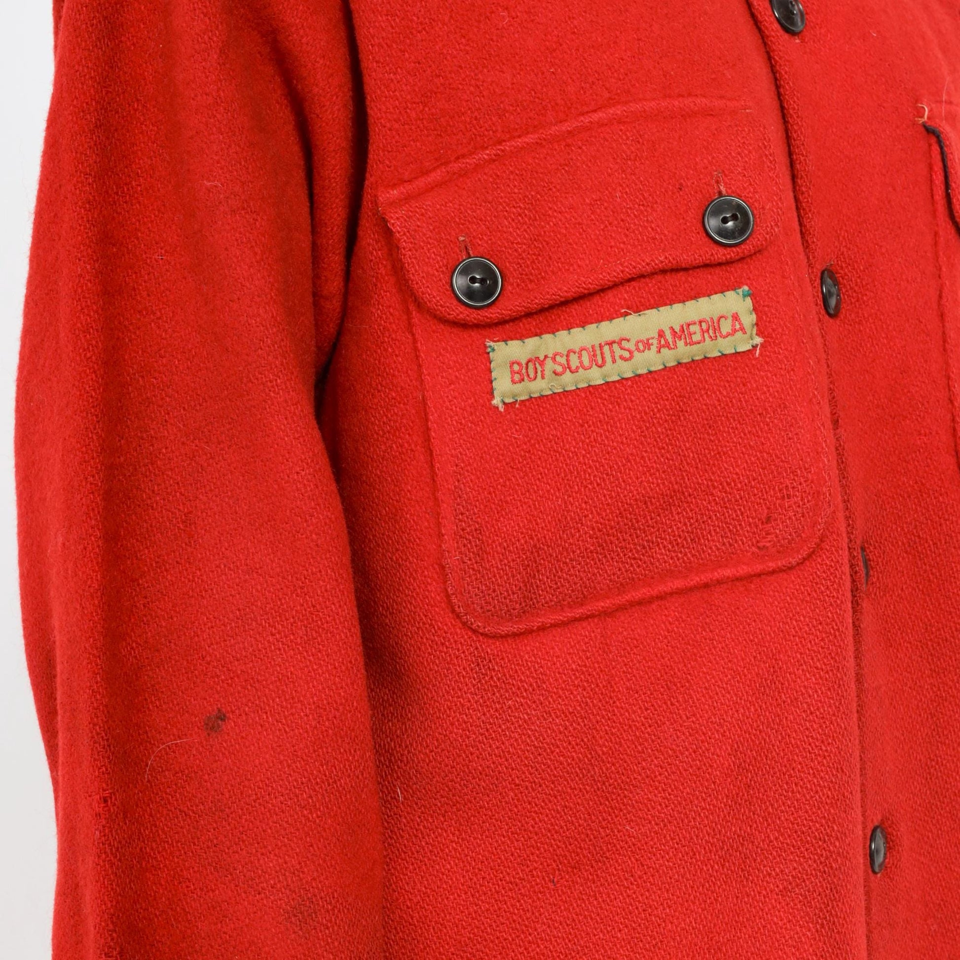70s Boy Scouts of America Red Wool Button-Up Shirt Fleur De Lis Patch Large L