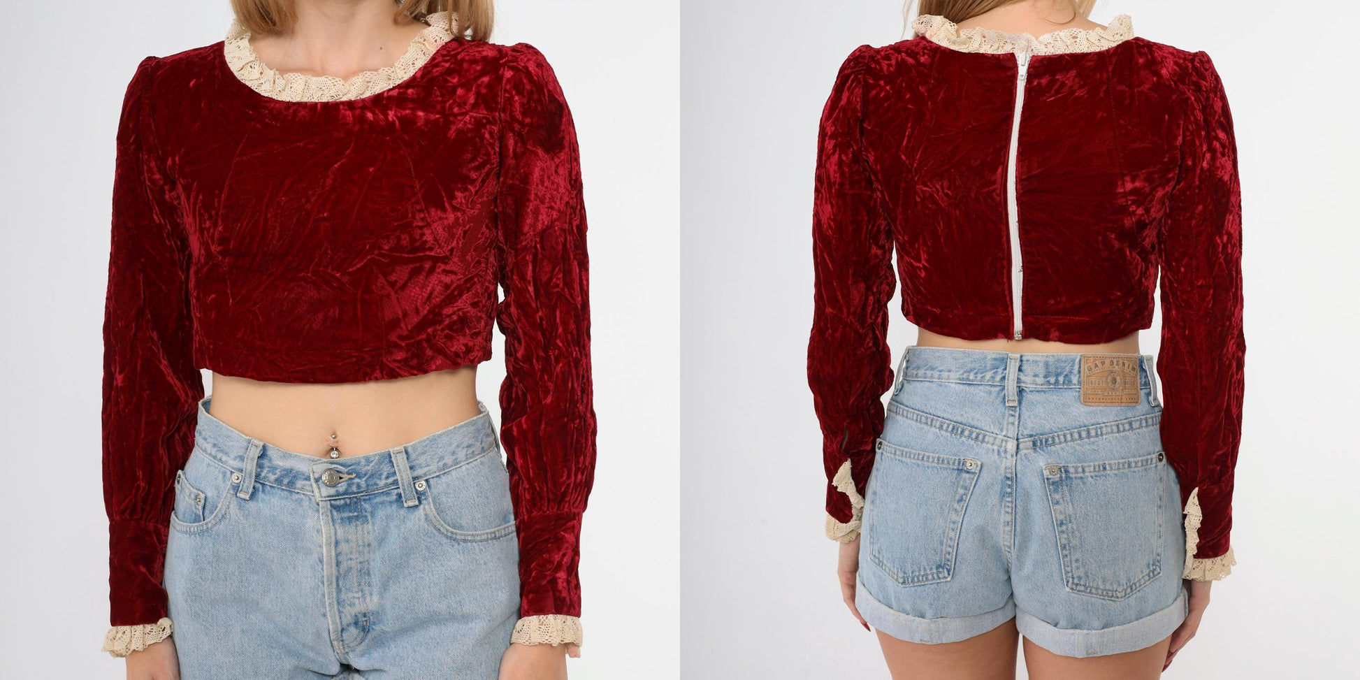 60s Red Velvet Crop Top Lace Trim Puff Sleeve Blouse Extra Small