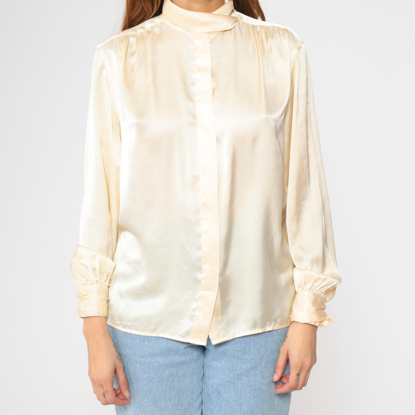 80s Jones Wear Cream Satin Mock Neck Blouse Long Sleeve Small 6