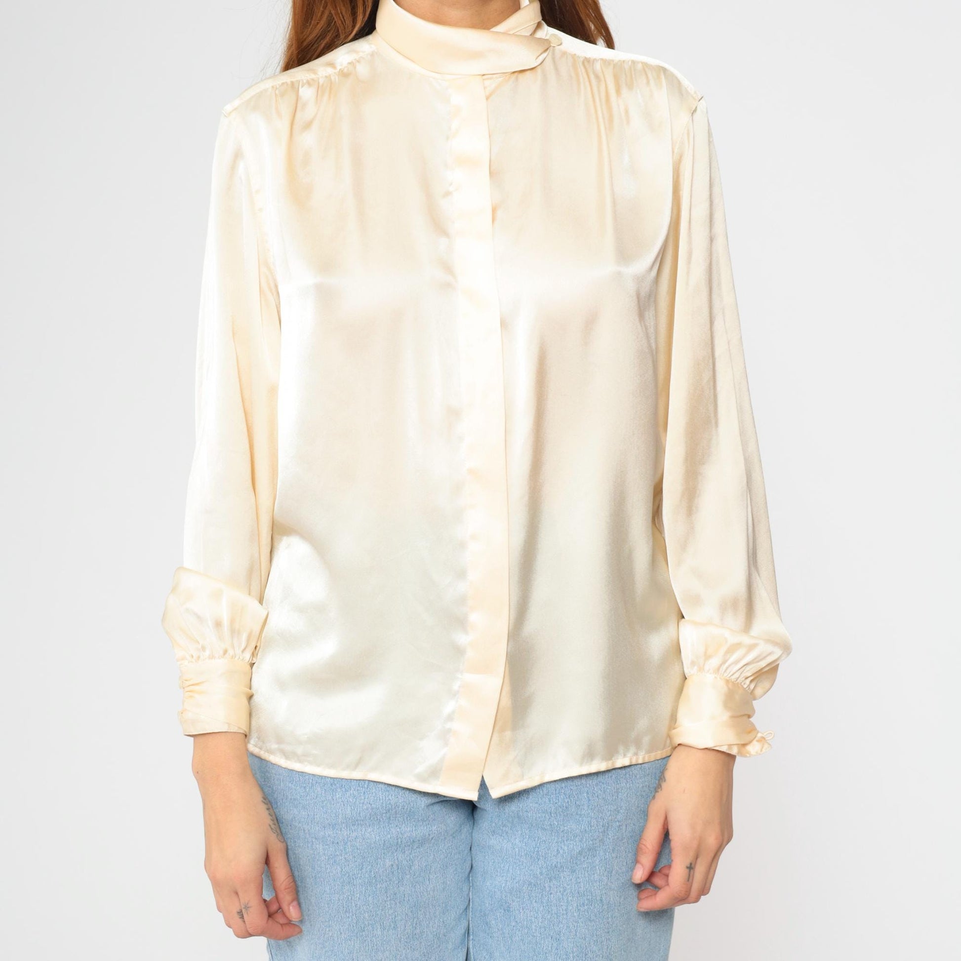 80s Jones Wear Cream Satin Mock Neck Blouse Long Sleeve Small 6