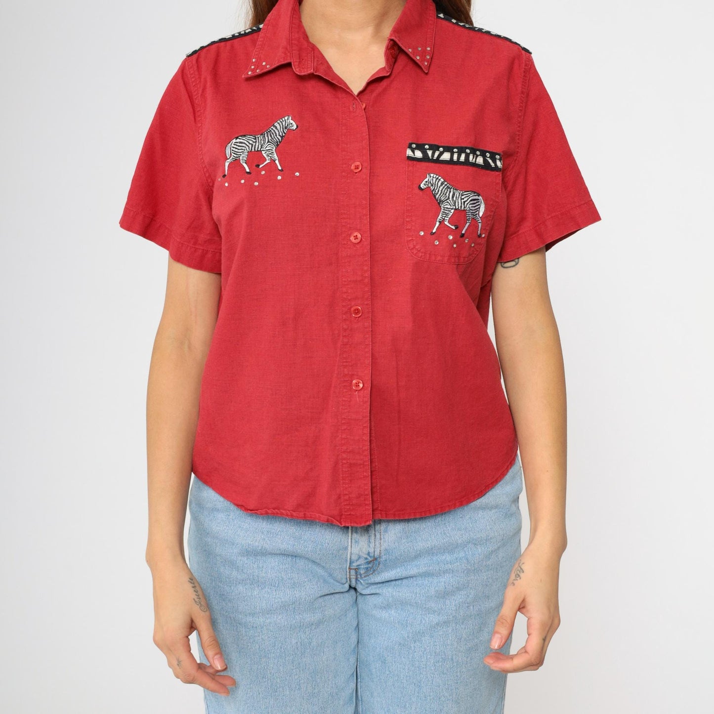 90s Cabin Creek Zebra Rhinestone Button-Up Blouse Red Linen Cotton Petite Large