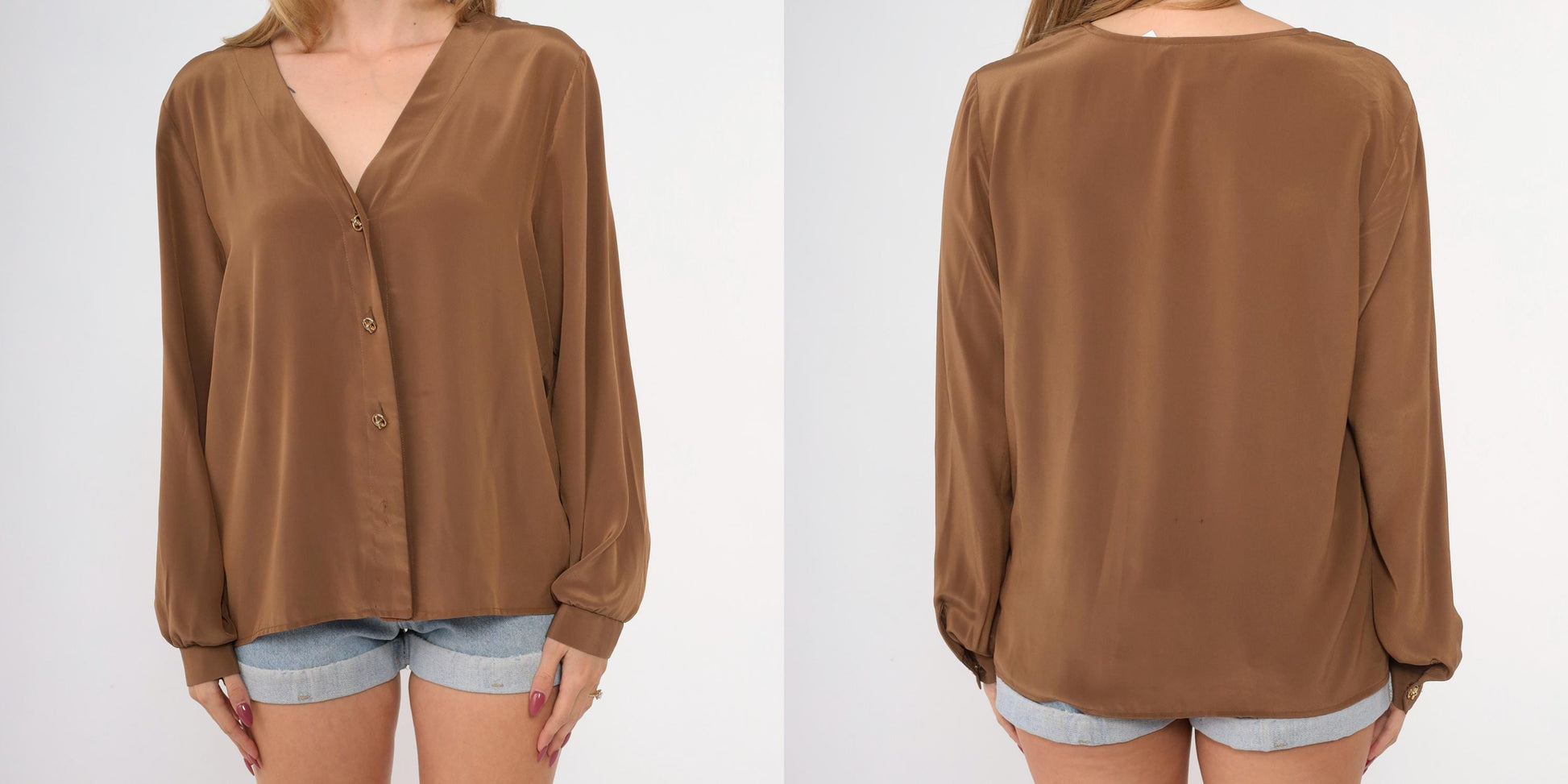 80s Brown Polyester Button-Up Blouse V-Neck Long Sleeve Gold Buttons Medium M