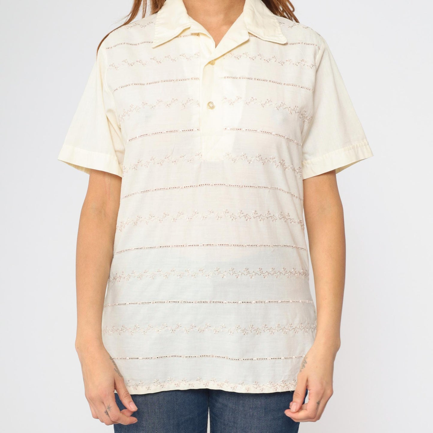 70s Paul Howard California Eyelet Striped Polo Shirt Cream Medium M