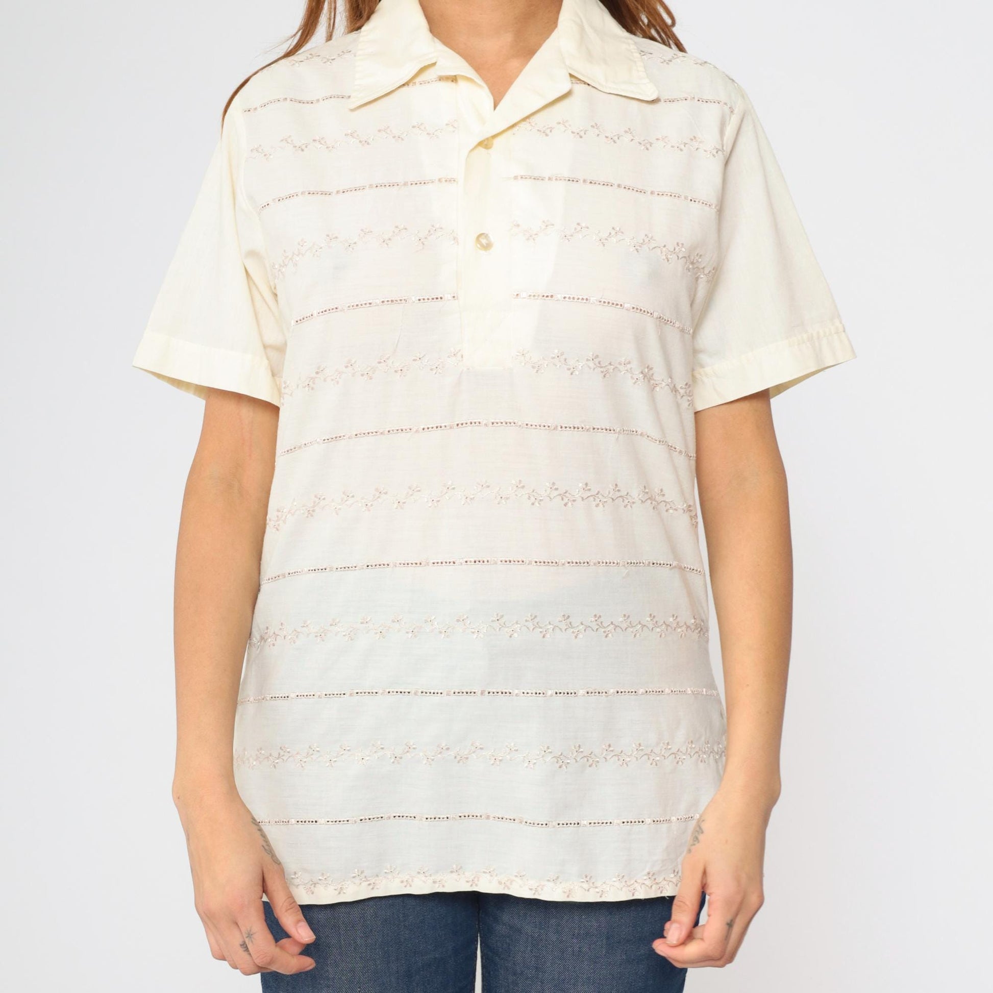 70s Paul Howard California Eyelet Striped Polo Shirt Cream Medium M