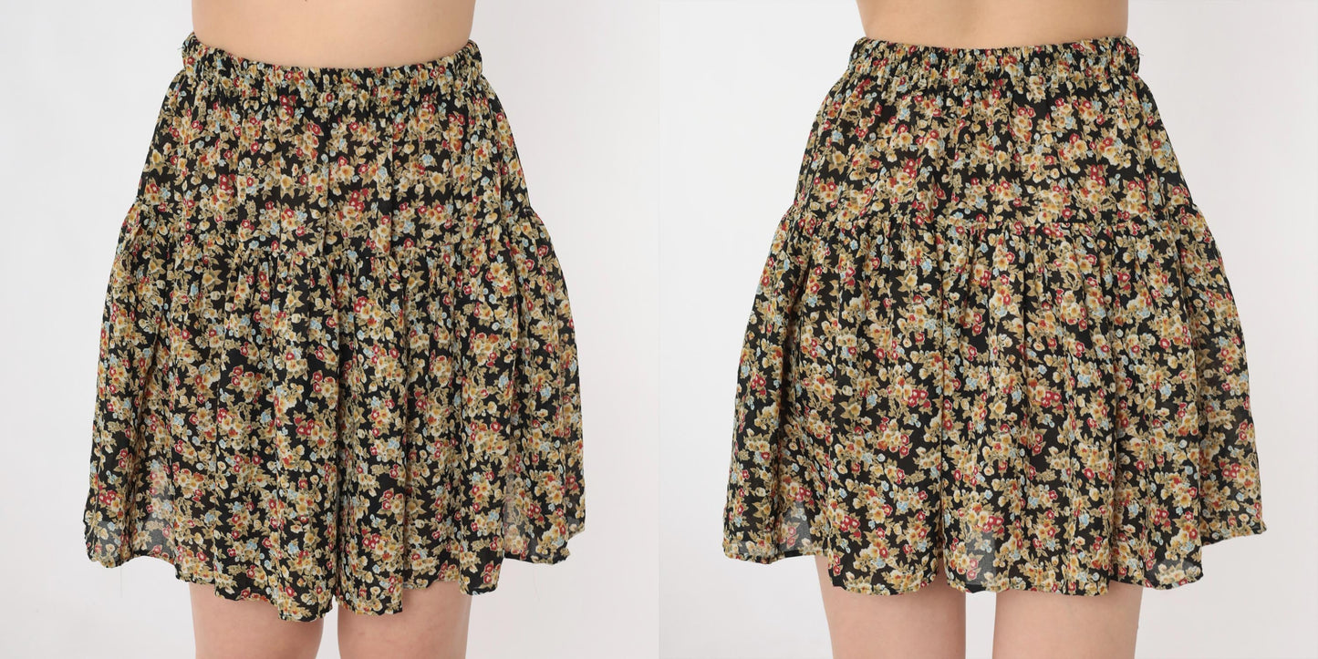 90s Floral Tiered Mini Skirt Black Olive Green Elastic Waist Small