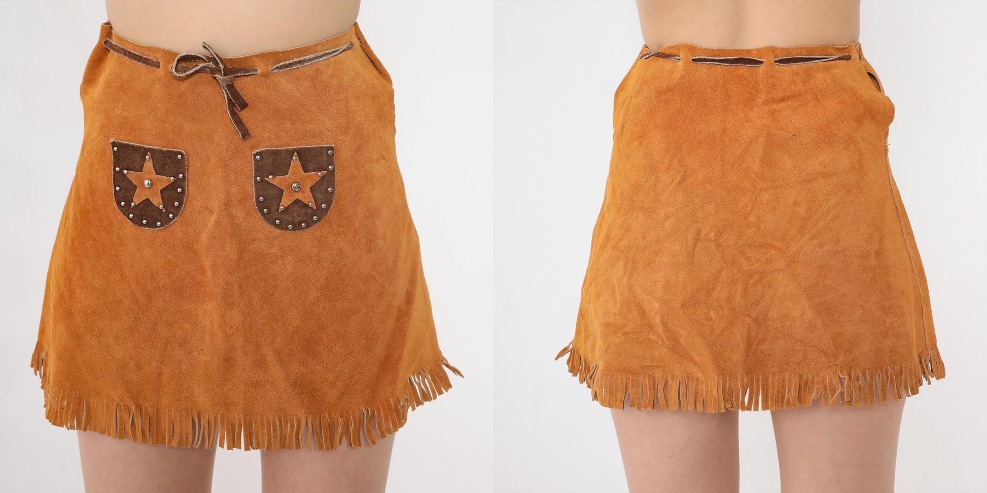 90s Brown Suede Fringe Mini Skirt Studded Star Drawstring Waist Extra Small