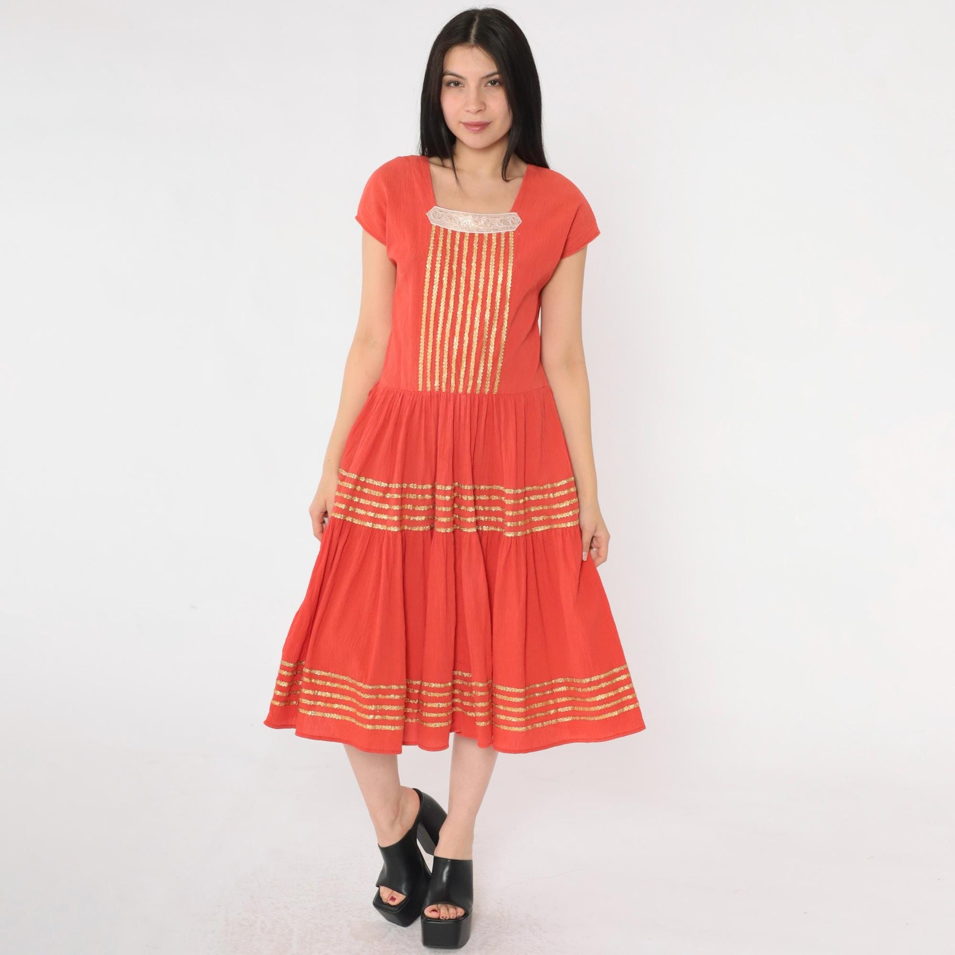 1950s Thunderbird Fashions Orange Crinkle Cotton Patio Dress Square Neckline Medium