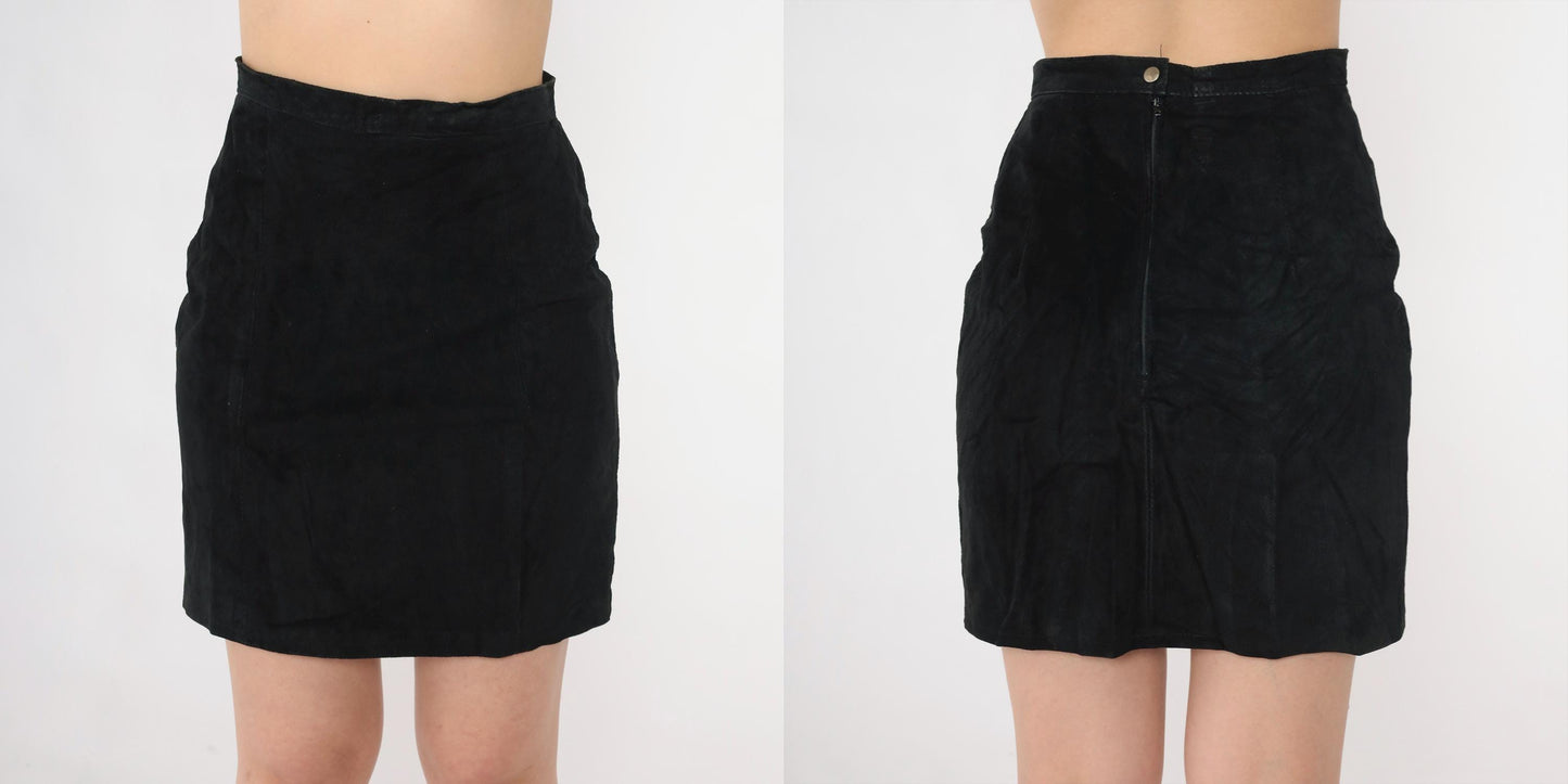 80s Black Suede Mini Skirt High Waisted Bodycon XS