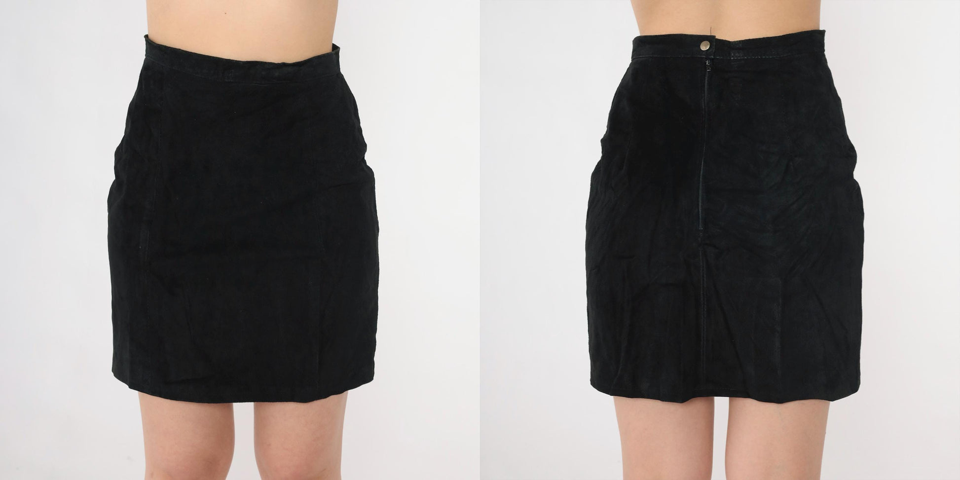 80s Black Suede Mini Skirt High Waisted Bodycon XS