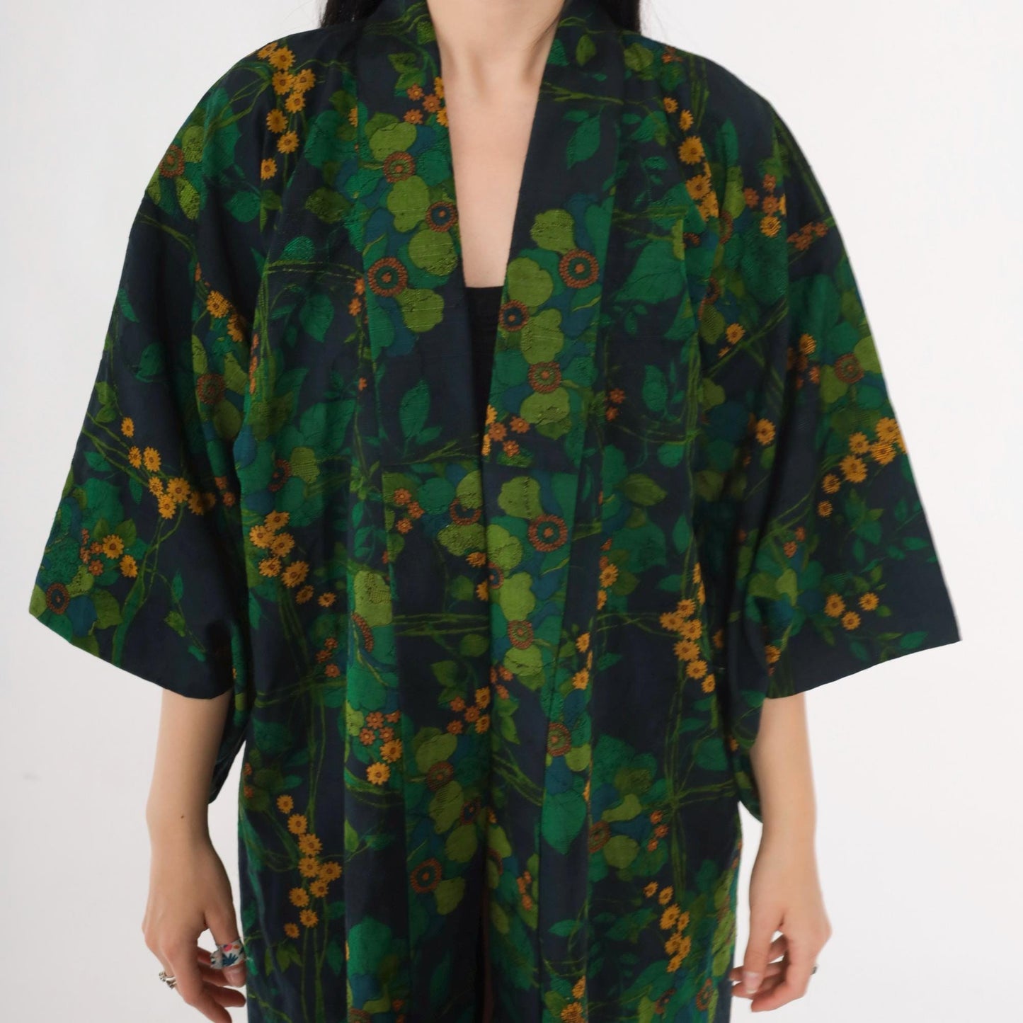 70s Green Floral Silk Kimono Robe Open Front Full Length