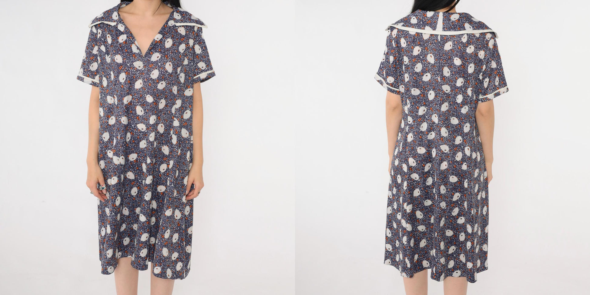 70s Blue Abstract Leaf Print Midi Dress Collared V-Neck Shift Large