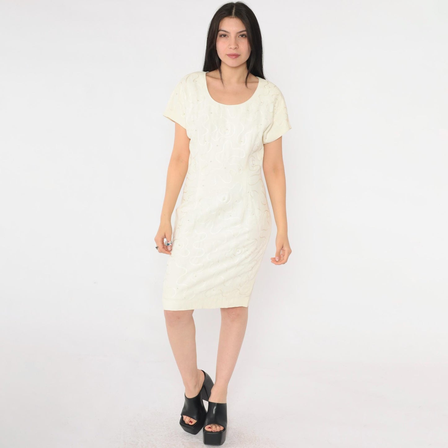 90s Donna Ricco Cream Pearl Beaded Soutache Mini Dress Scoop Neck Small