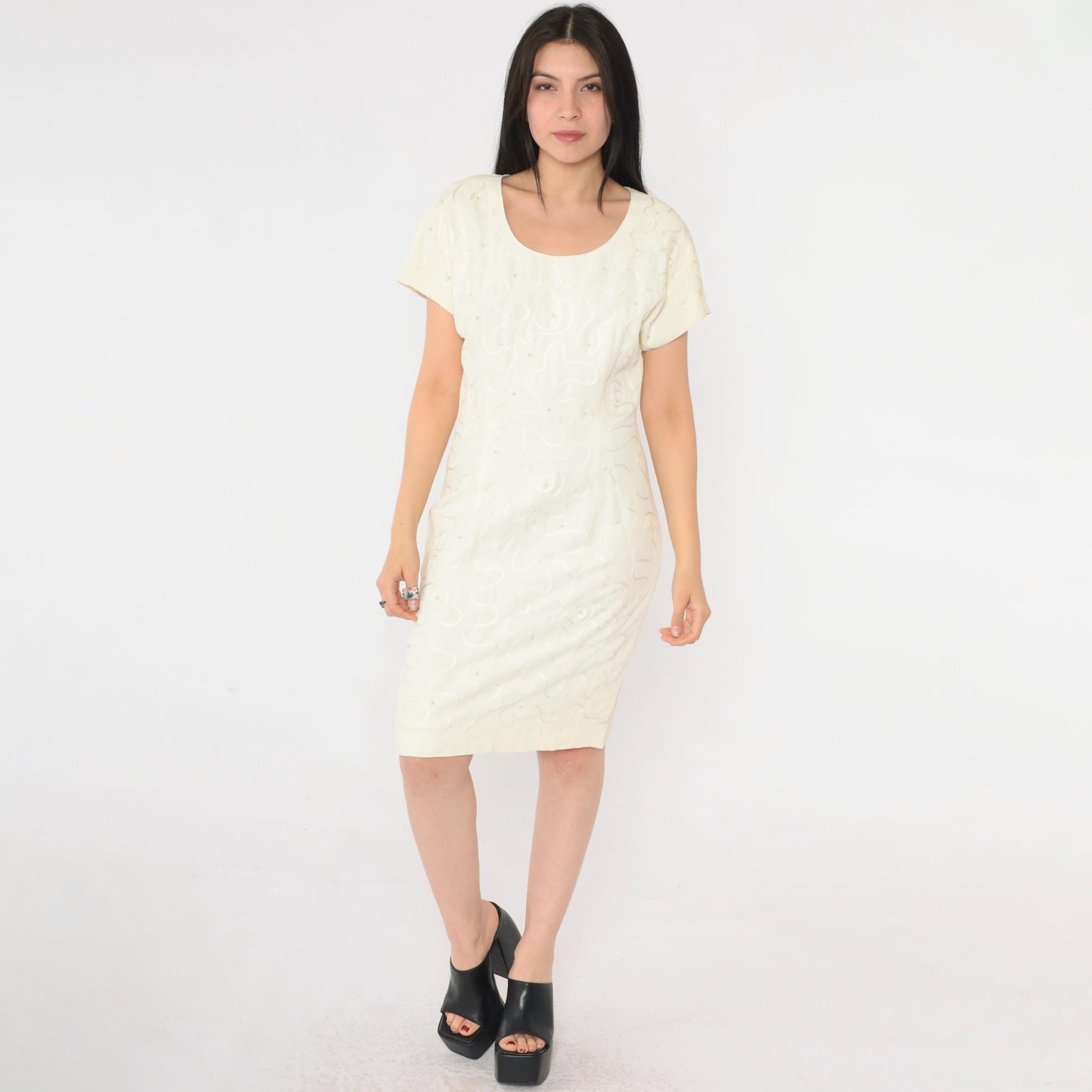 90s Donna Ricco Cream Pearl Beaded Soutache Mini Dress Scoop Neck Small