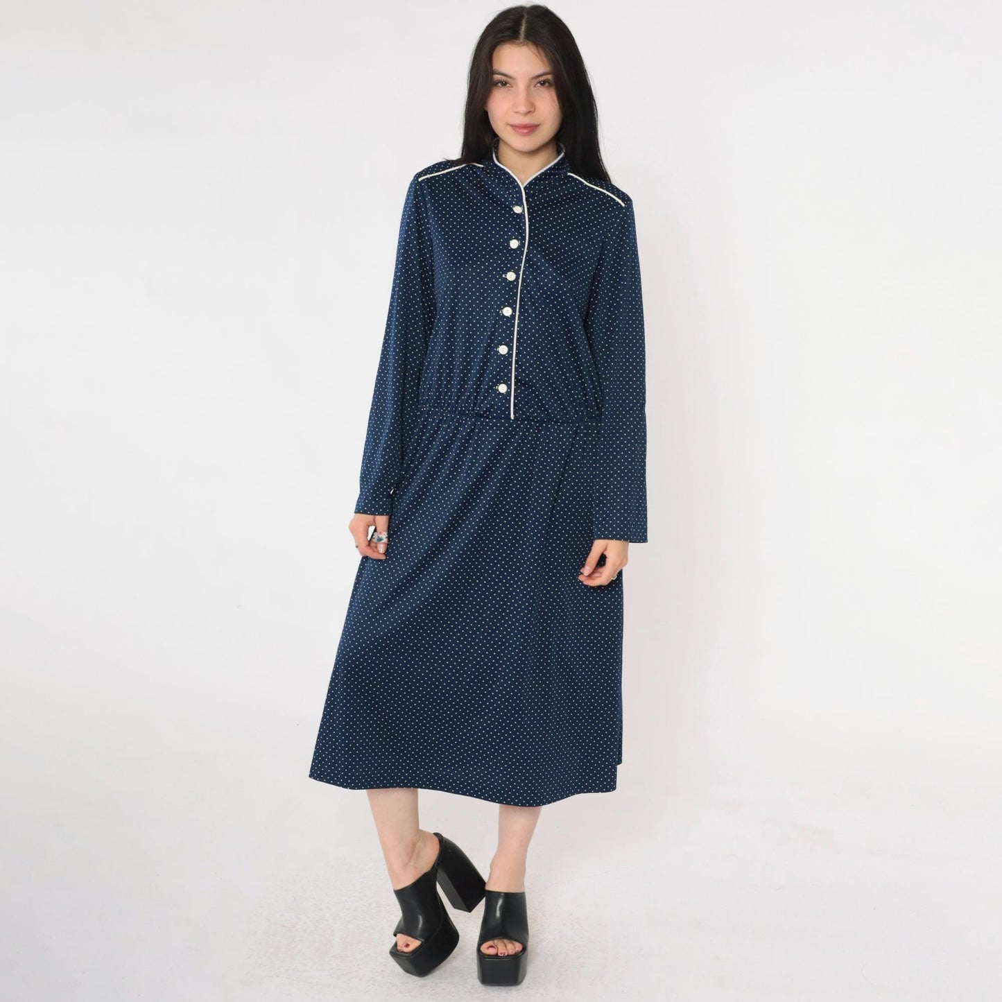 70s Polka Dot Midi Shirtdress Navy Blue High Waist Button Up Long Sleeve Large L