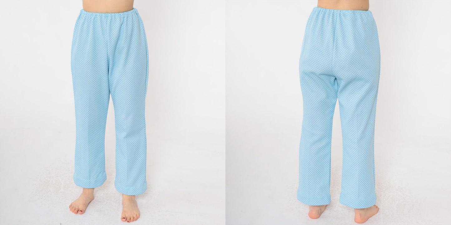 70s Baby Blue Polka Dot Flared Pants High Waist Elastic Small