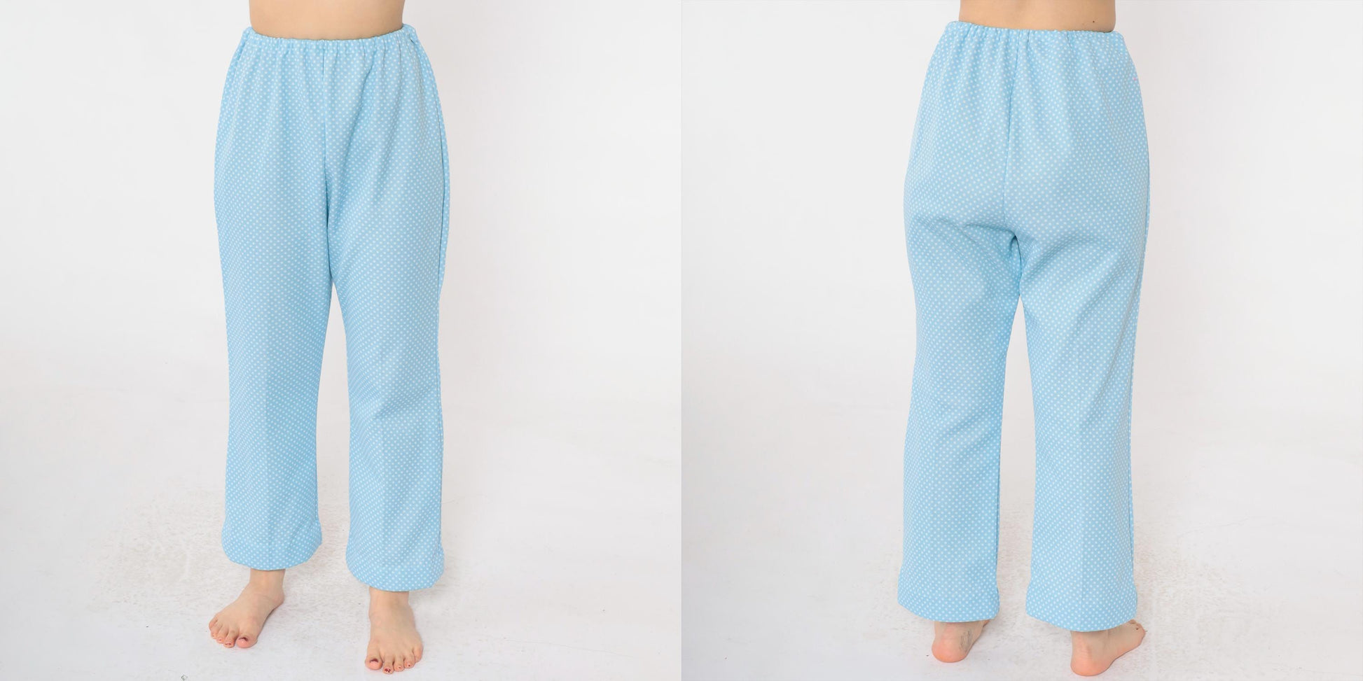 70s Baby Blue Polka Dot Flared Pants High Waist Elastic Small