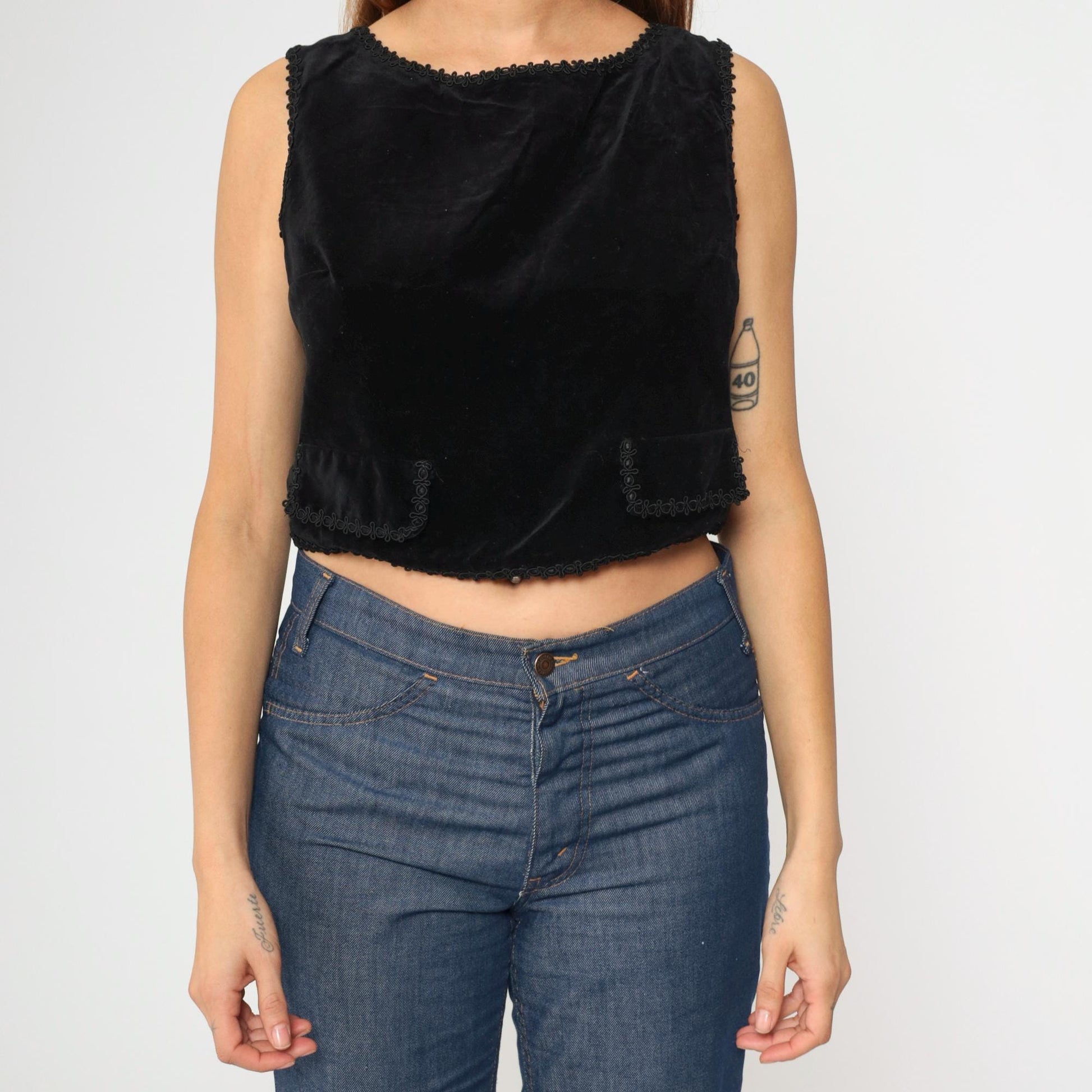 60s Black Velvet Crop Top Sleeveless Button-Back Blouse Small