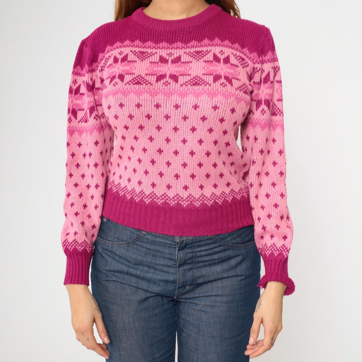 80s Pink Fair Isle Puff Sleeve Sweater Nordic Knit Small