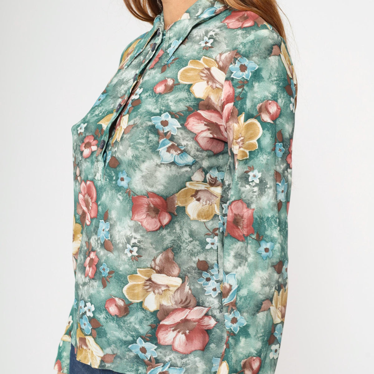 70s Green Floral Button-Up Blouse Long Sleeve Pointed Collar Medium