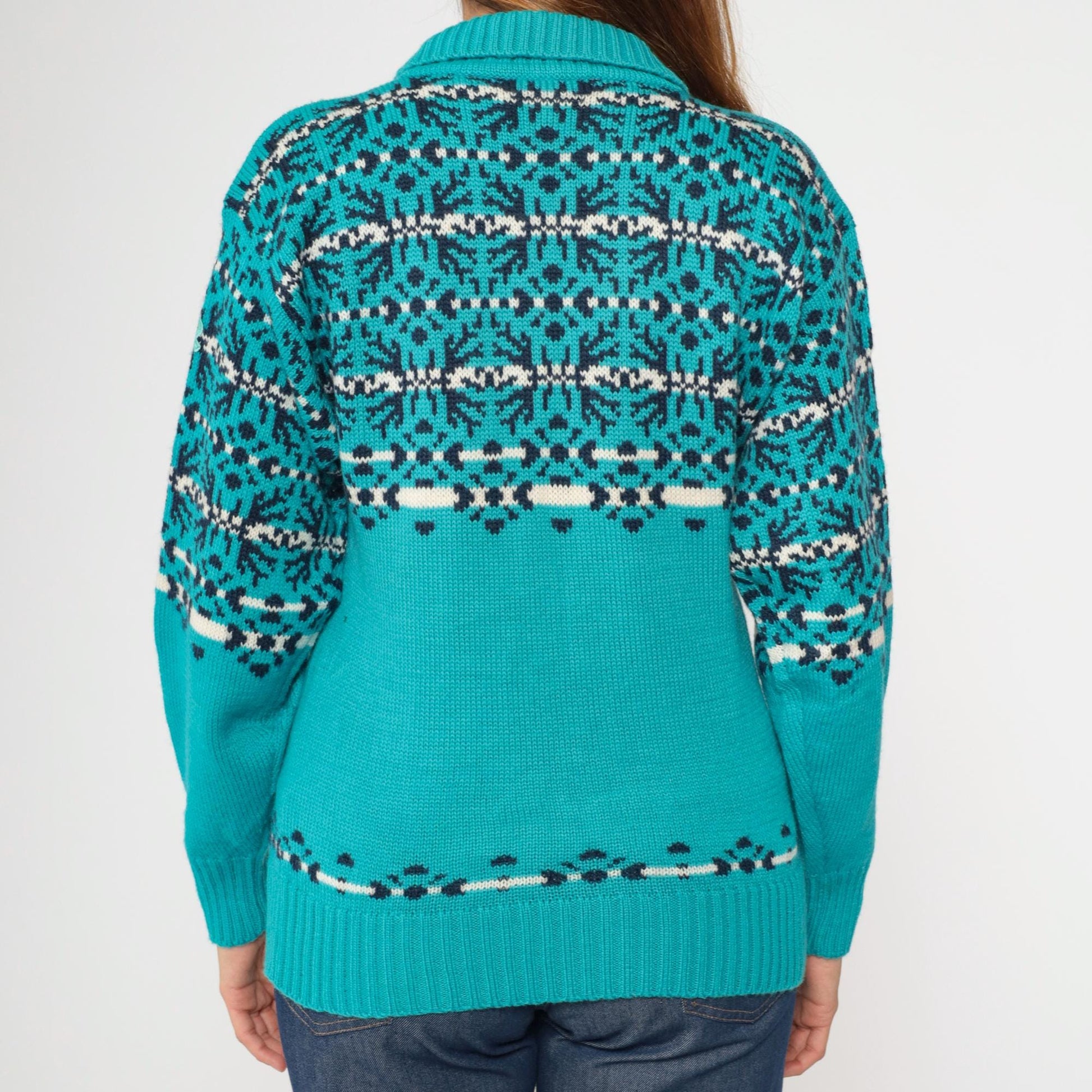 80s Demetre Wool Nordic Fair Isle Ski Sweater Turquoise Small