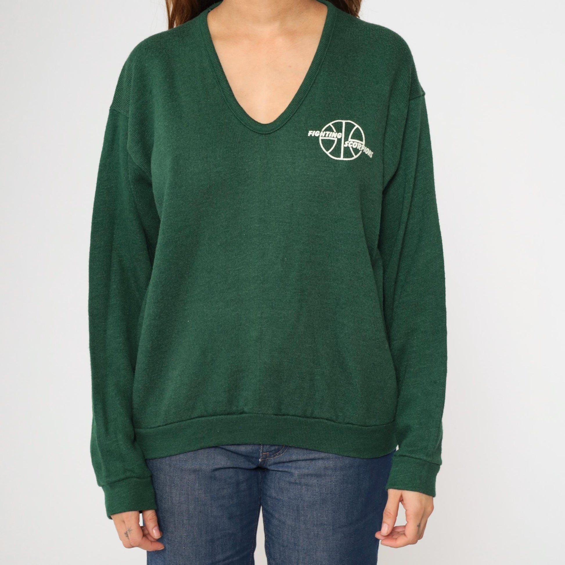 80s Fighting Scorpions Basketball V-Neck Sweater Forest Green Large