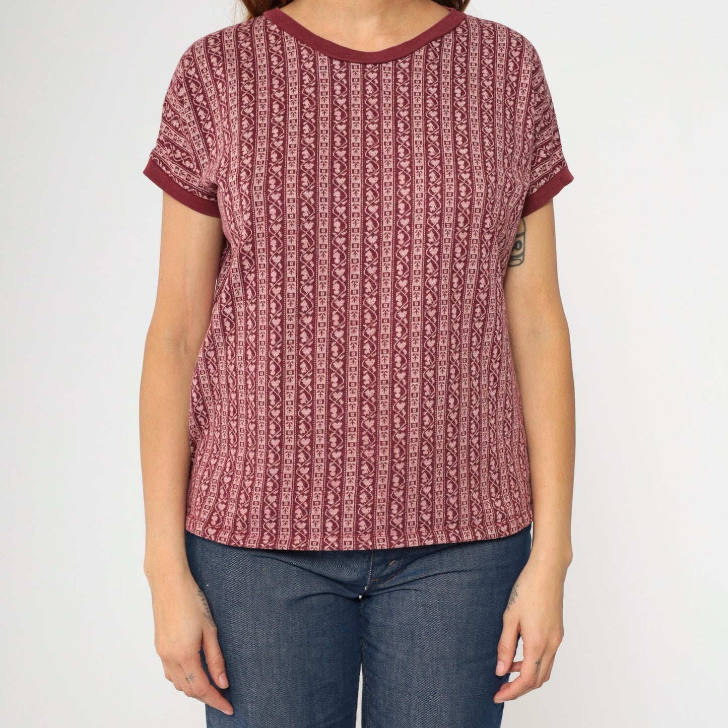 80s Scandinavian Folk Stripe Knit Tee Maroon Pink Heart Ringer Large L