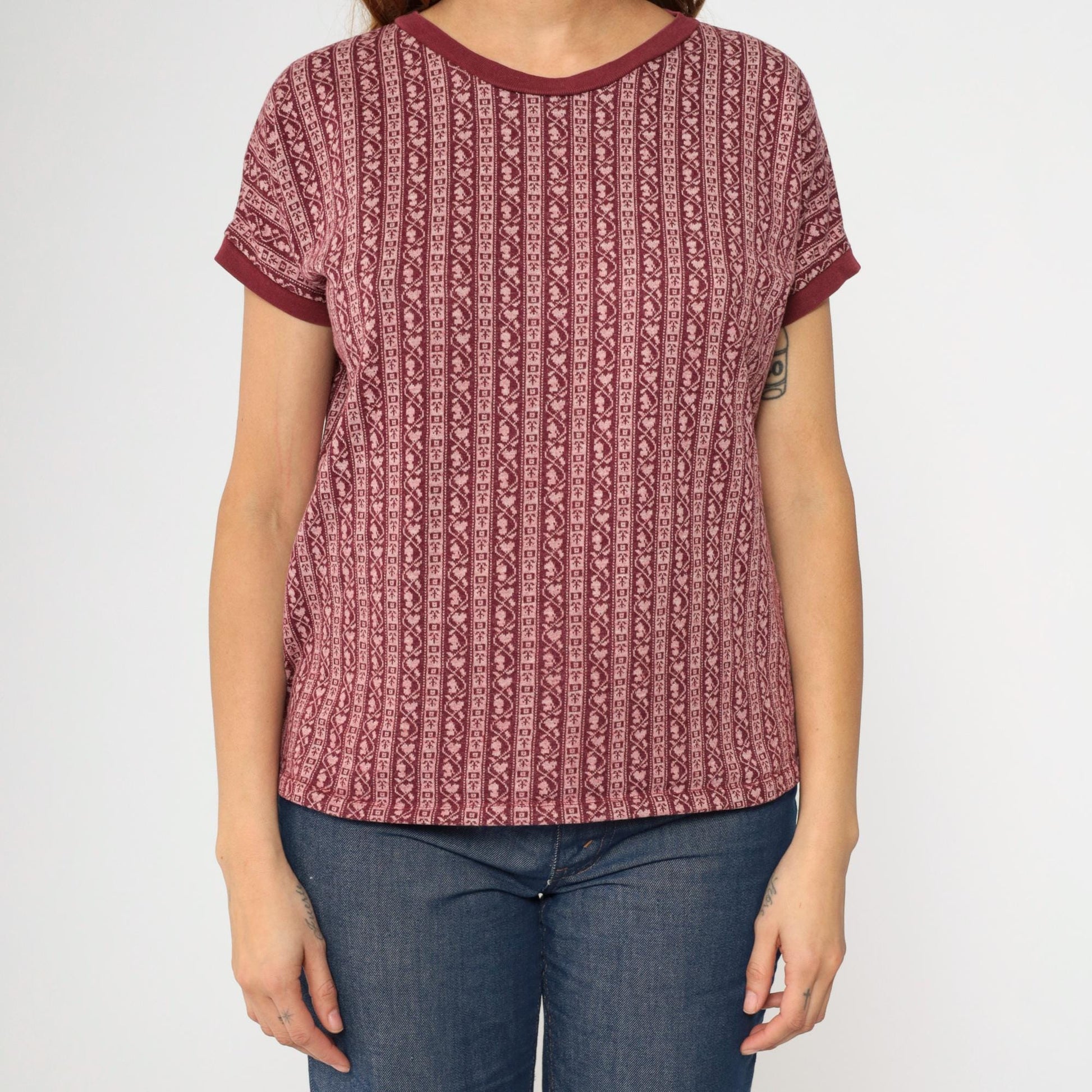 80s Scandinavian Folk Stripe Knit Tee Maroon Pink Heart Ringer Large L