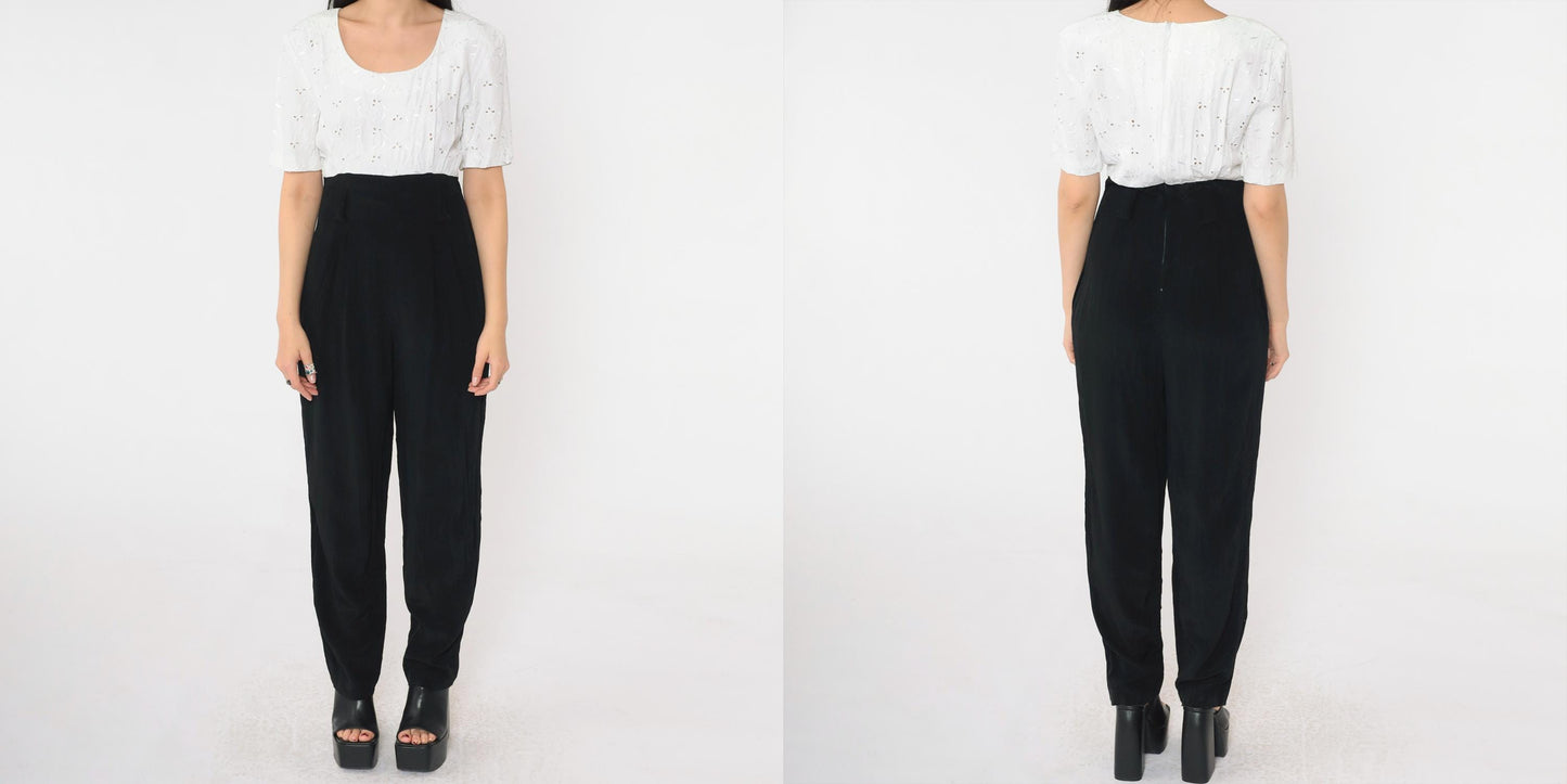 80s Black White Eyelet Lace Jumpsuit Scoop Neck High Waist Small
