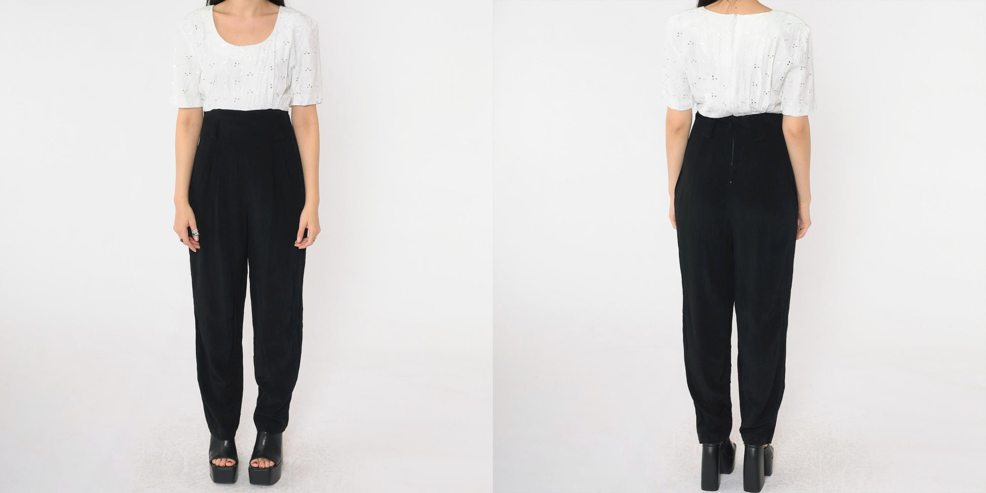 80s Black White Eyelet Lace Jumpsuit Scoop Neck High Waist Small