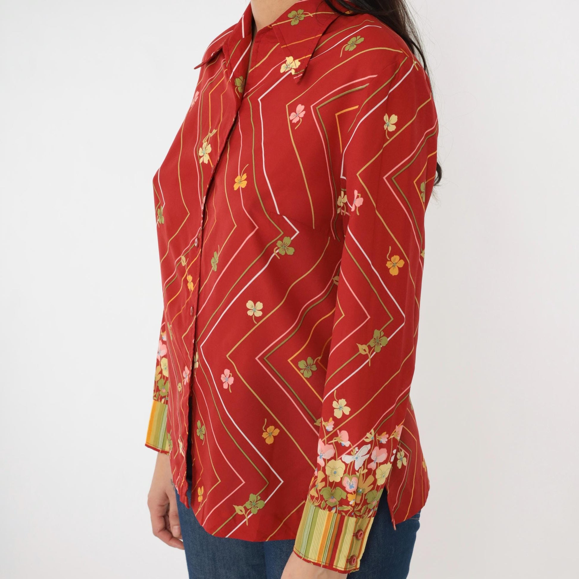 70s Striped Floral Button Up Blouse Red Zig Zag Long Sleeve Medium