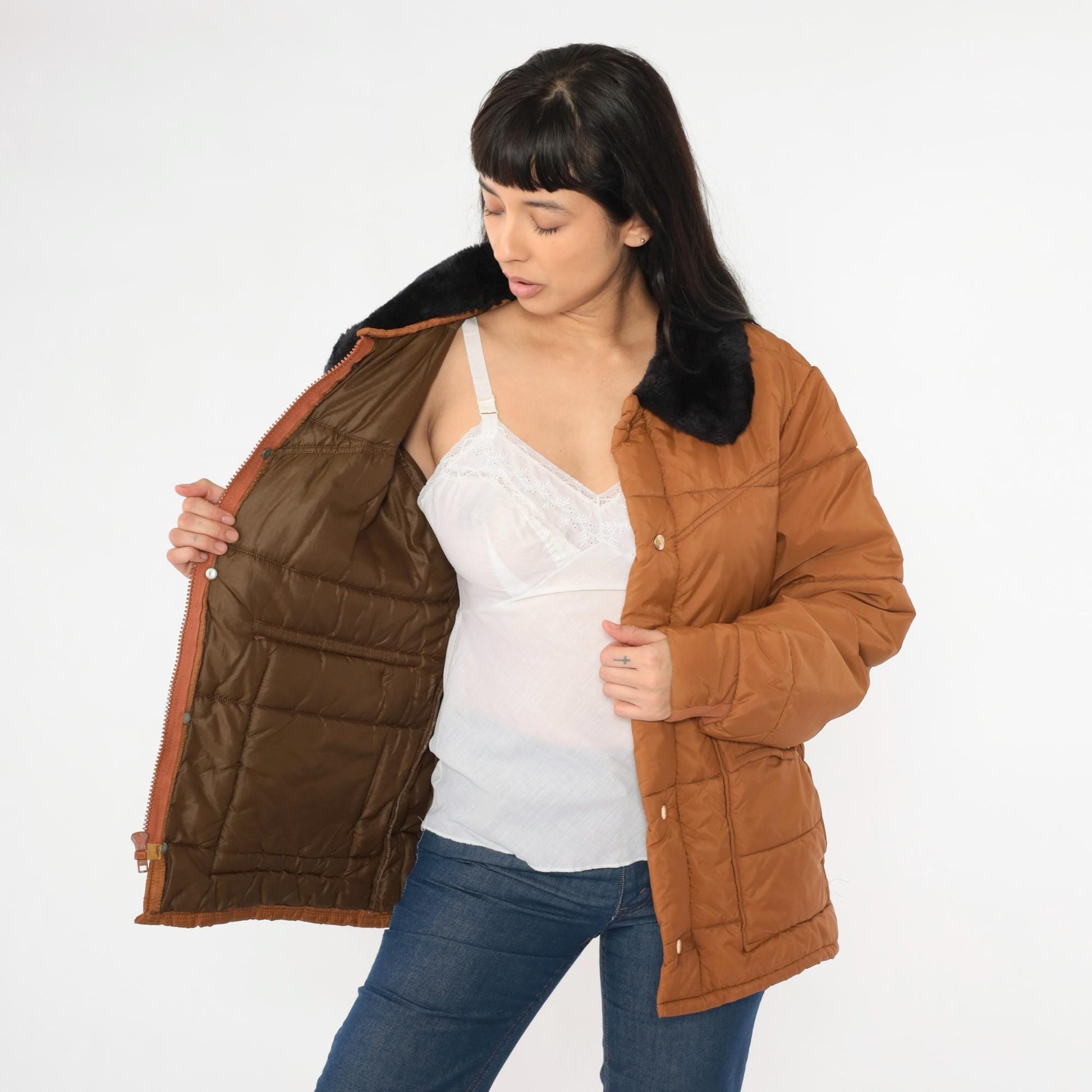 1970s Walls Blizzard Pruf Puffer Ski Jacket Brown Faux Fur Collar Large L