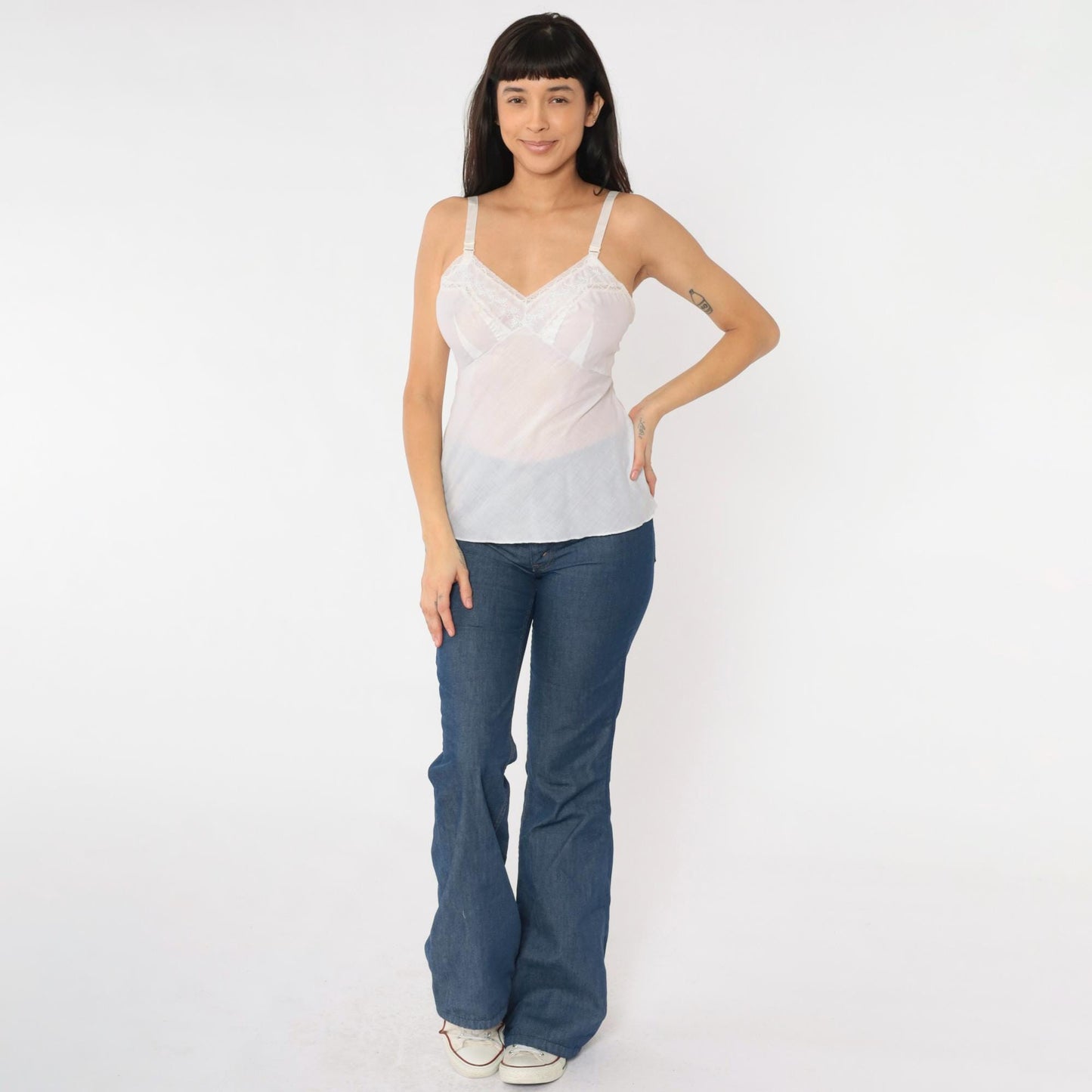 70s White Eyelet Embroidered Lace Camisole Spaghetti Strap Tank Small S