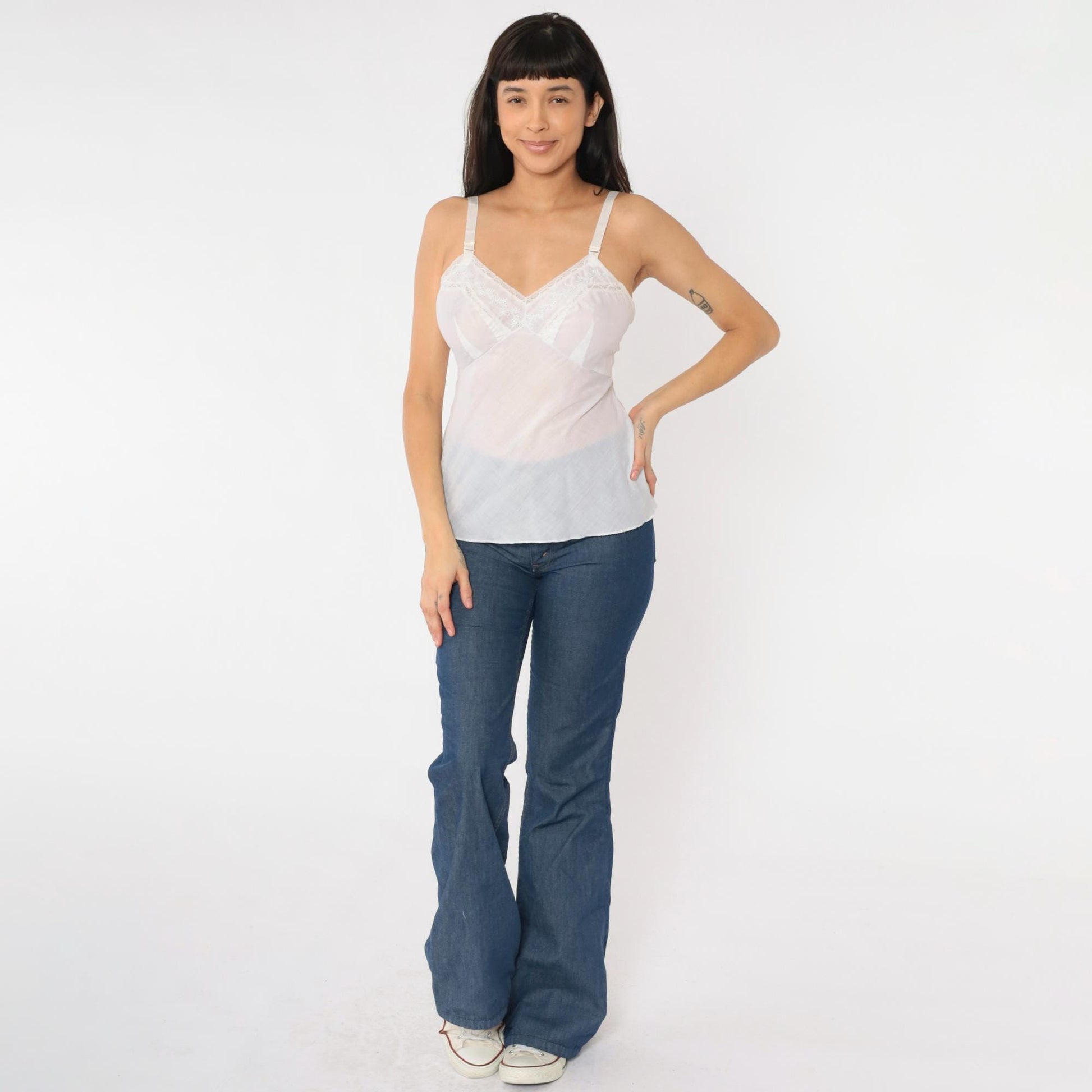 70s White Eyelet Embroidered Lace Camisole Spaghetti Strap Tank Small S