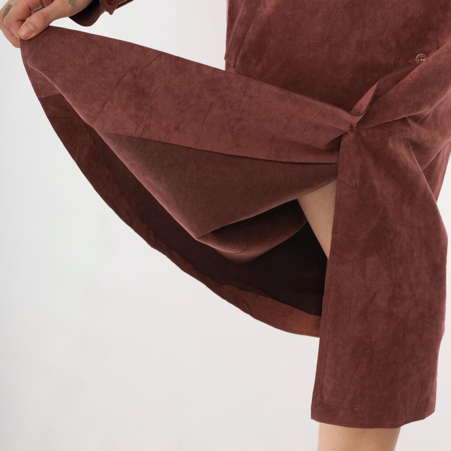 70s Halston Ultrasuede Trench Jacket Burnt Rose Belted Midi Large