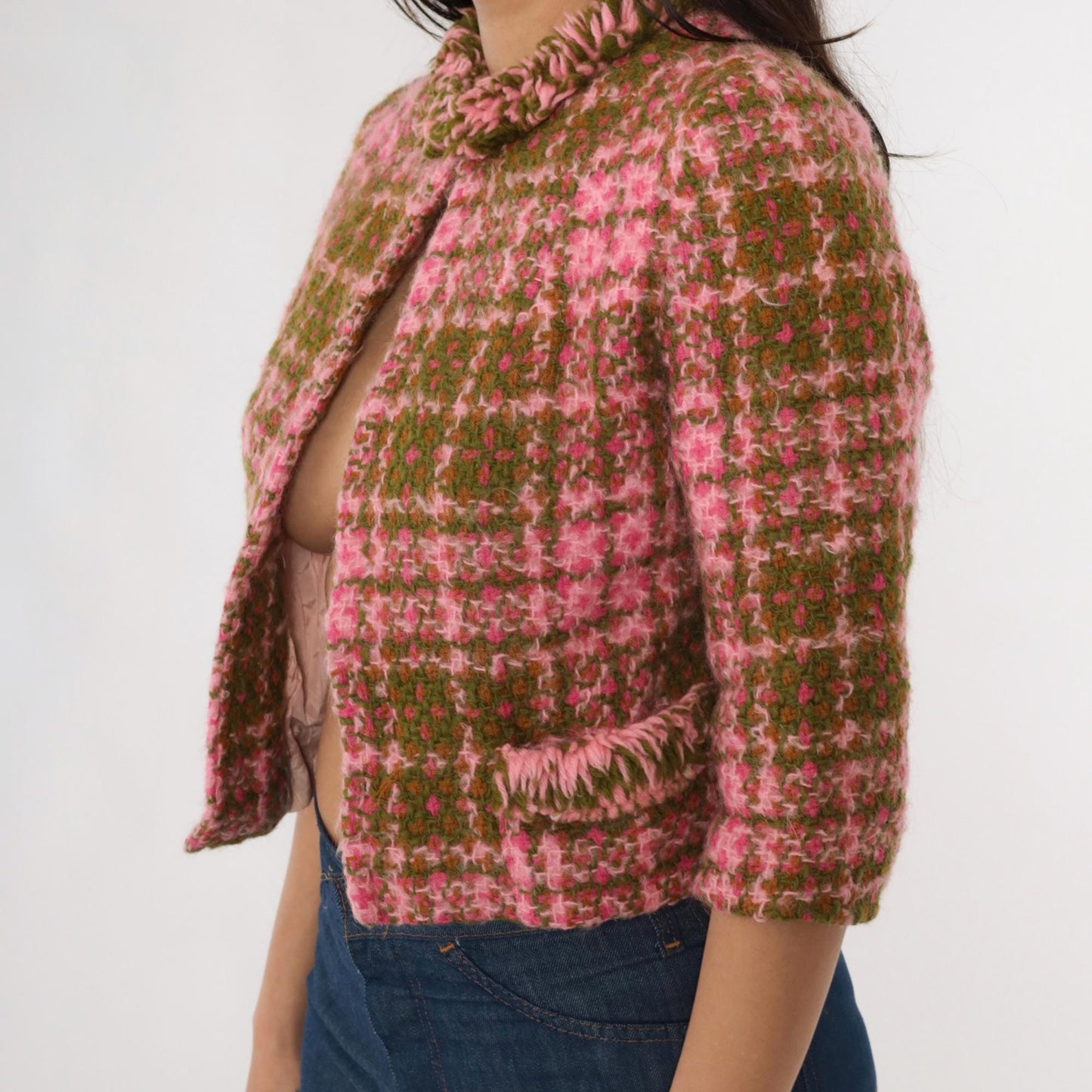 60s Pink Olive Plaid Wool Jacket Cropped Ruffled Collar Extra Small