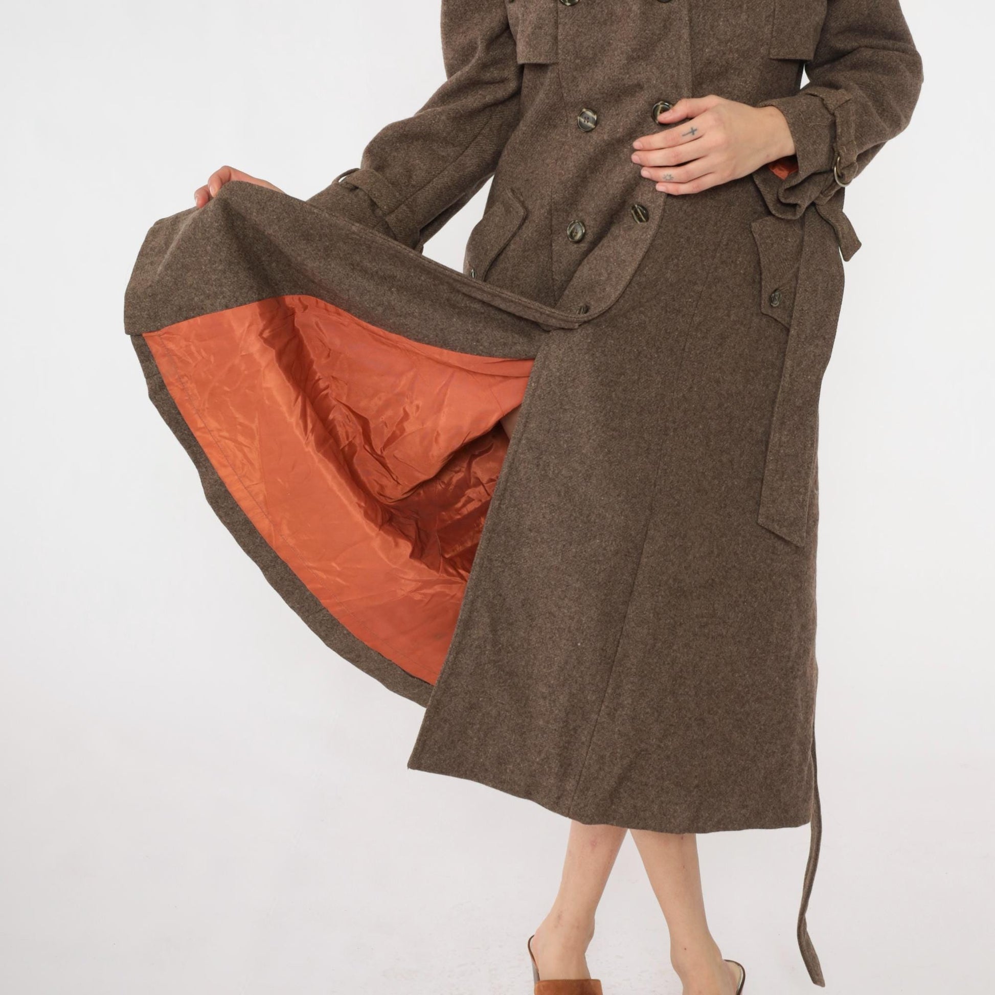 1960s Brown Wool Trench Coat Double Breasted Belted Midi Medium M