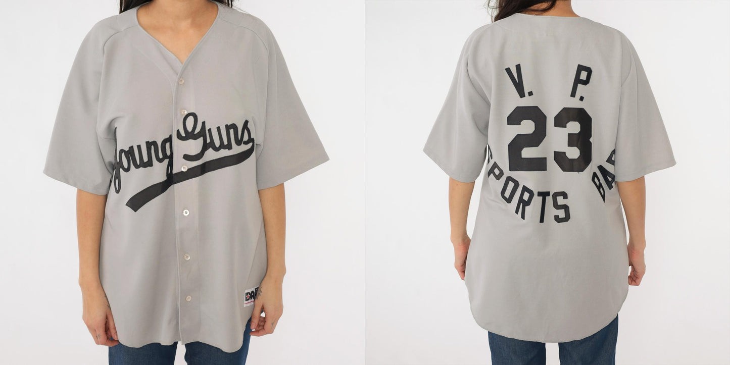 90s Young Guns Baseball Jersey Don Alleson Athletic Grey Button Up Large