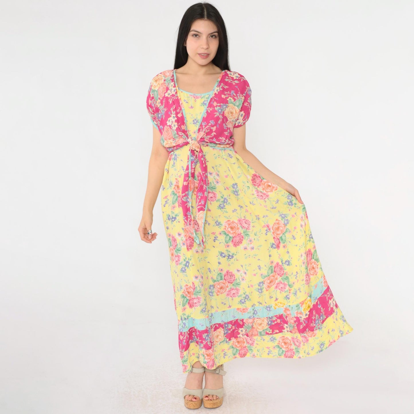 90s Bila Floral Maxi Dress Yellow Pink Rayon Tie Overlay Scoop Neck Large L