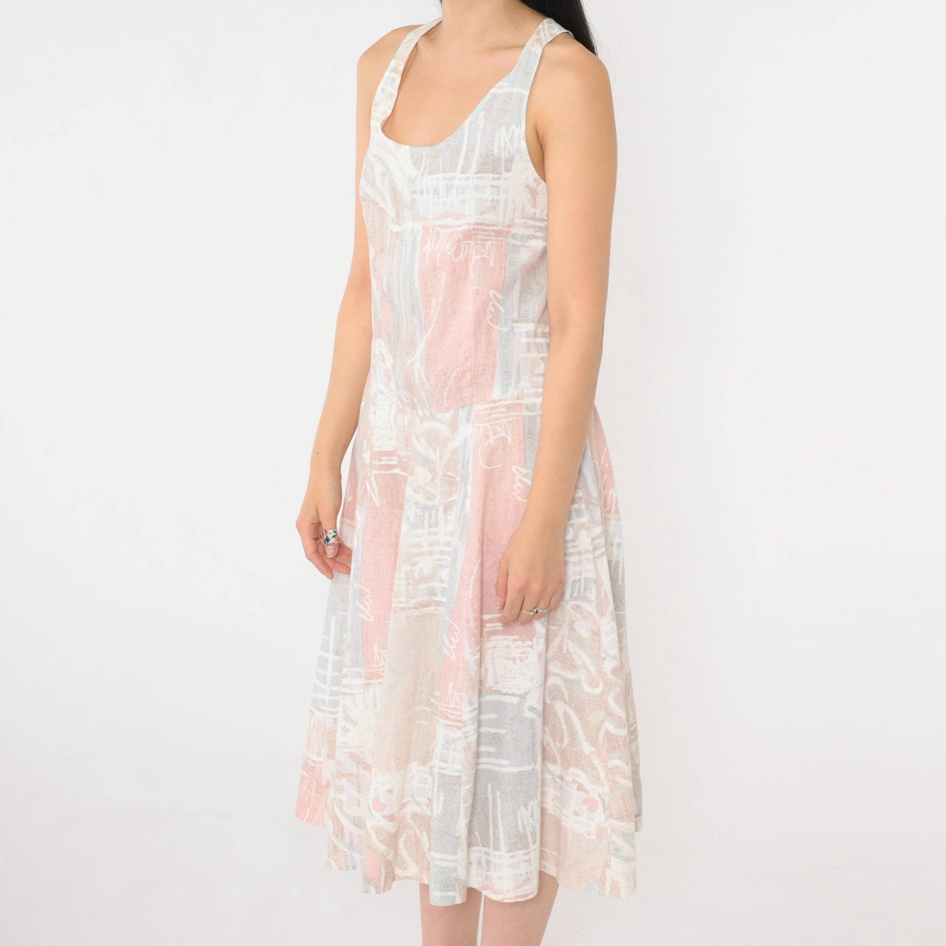 80s Pastel Abstract Print Midi Sundress Criss-Cross Tank Strap Small