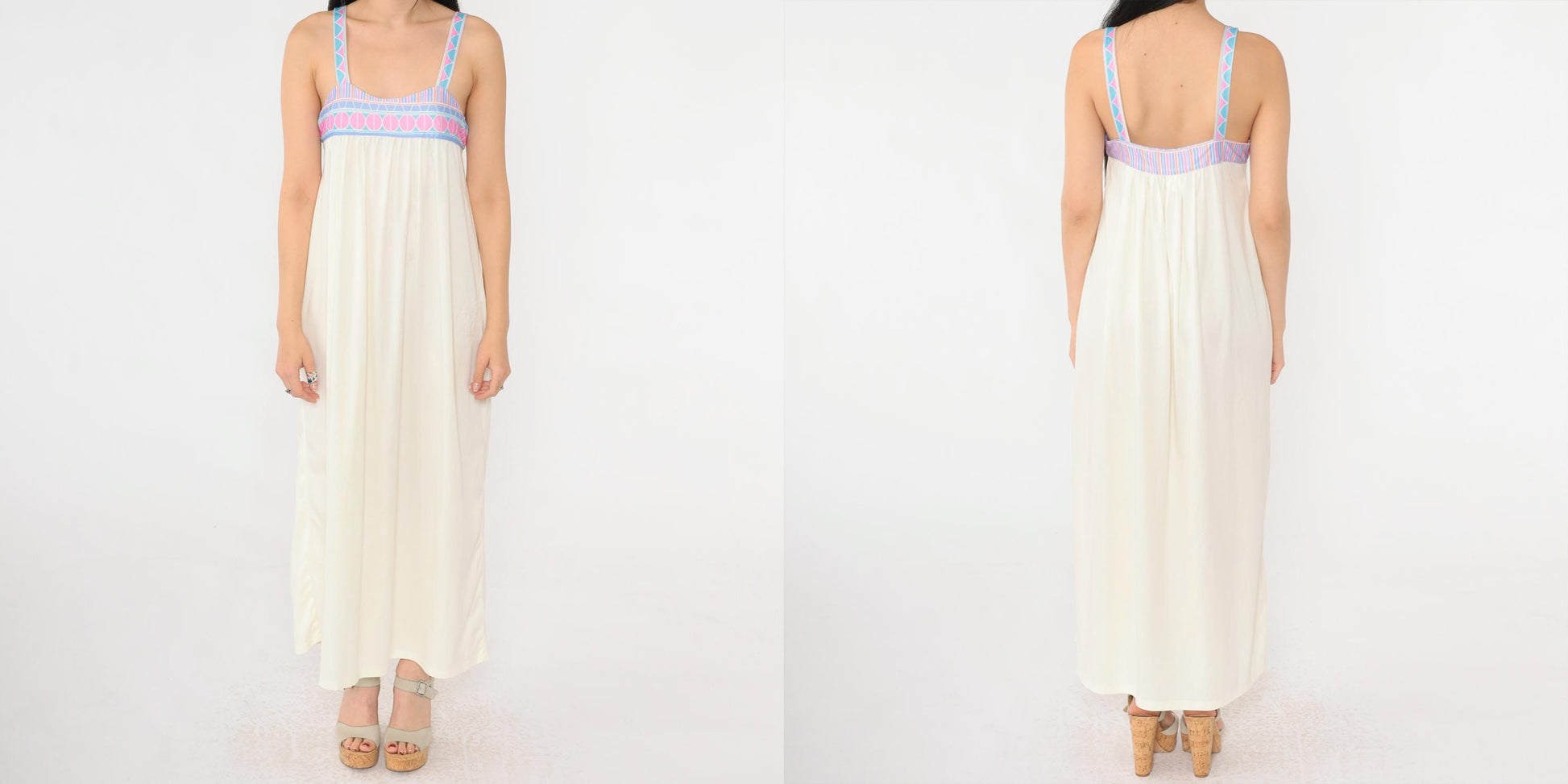 70s Cream Maxi Dress Sleeveless Geometric Trim Sweetheart Neckline Extra Small