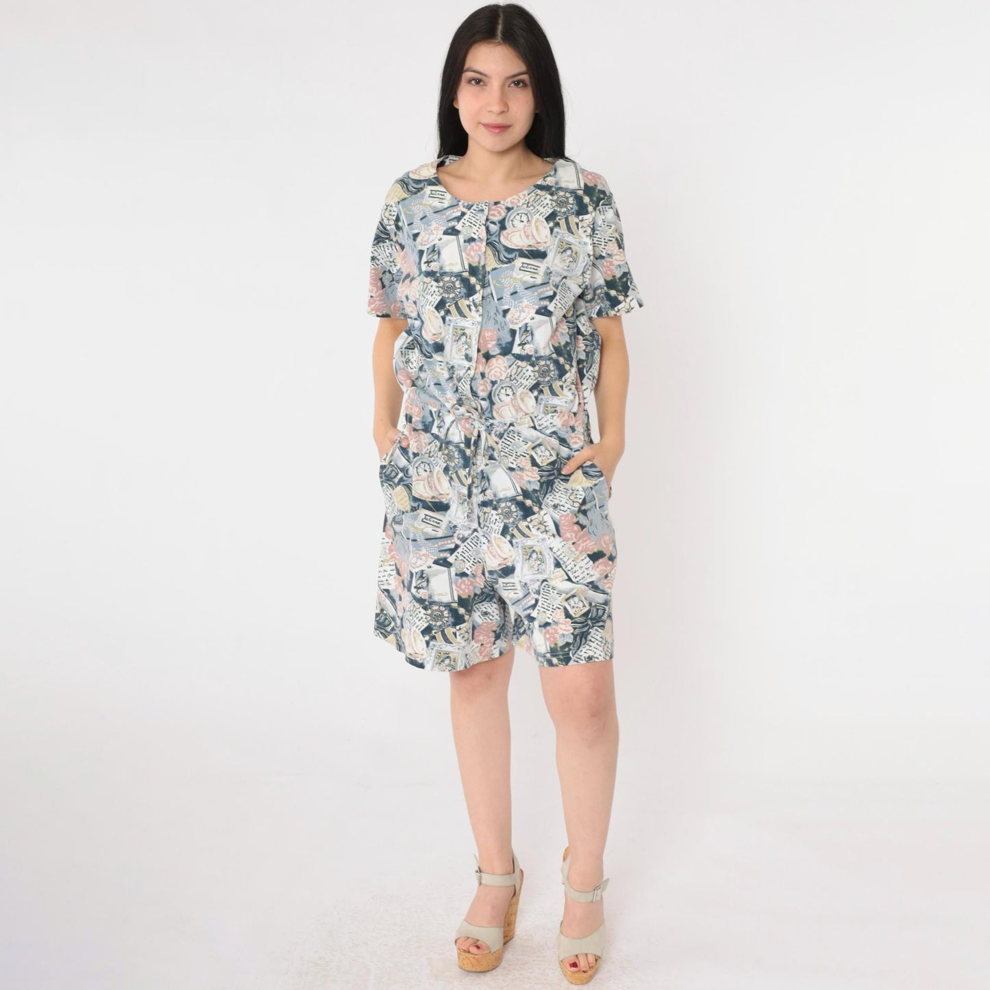 90s Abstract Print Romper Teacup Newspaper Button Front Drawstring Medium M