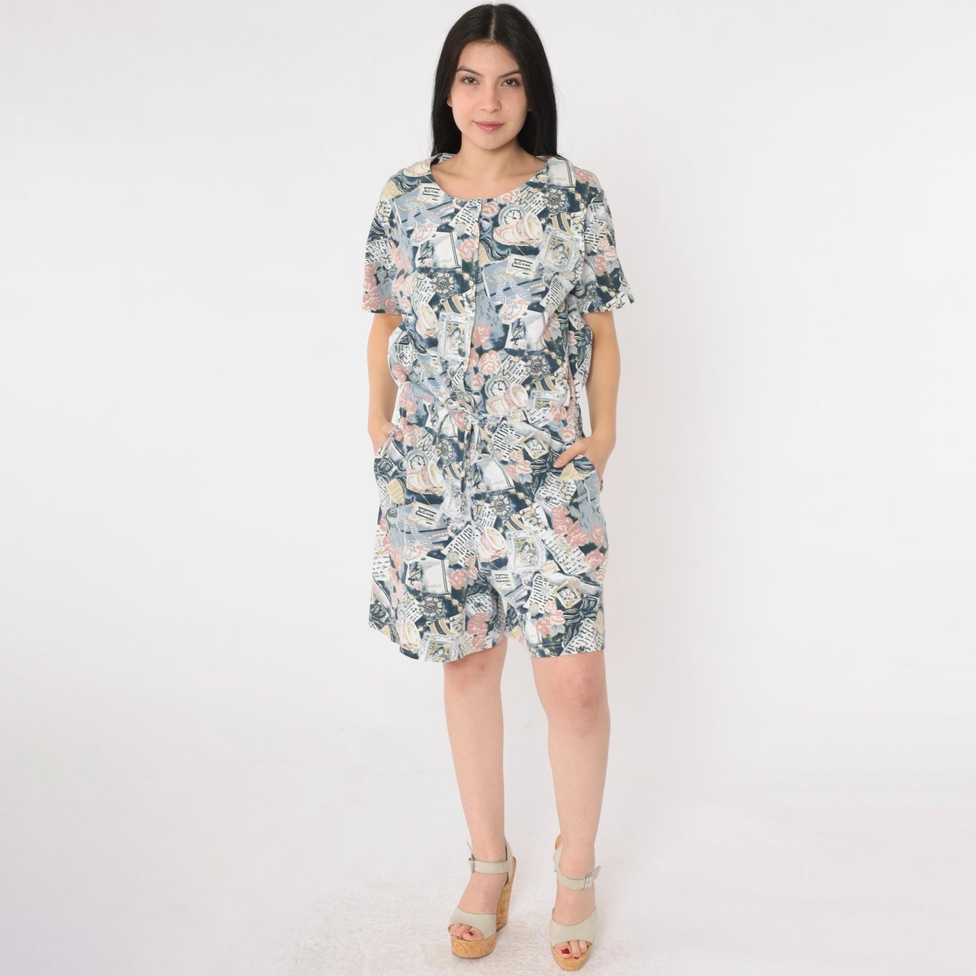 90s Abstract Print Romper Teacup Newspaper Button Front Drawstring Medium M