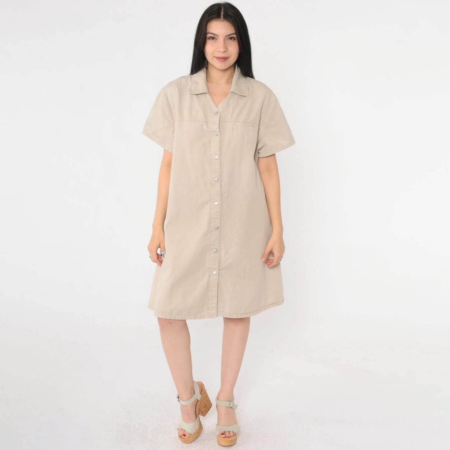 90s Faded Glory Khaki Shirt Dress Cotton Twill Mini Tan XL
