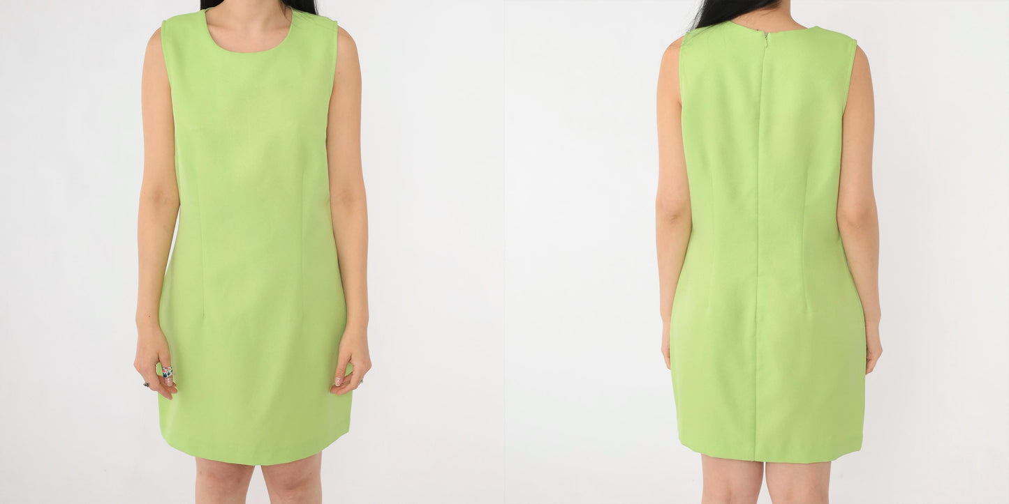 90s Lime Green Sleeveless Mini Dress Sheath Cut Medium 8