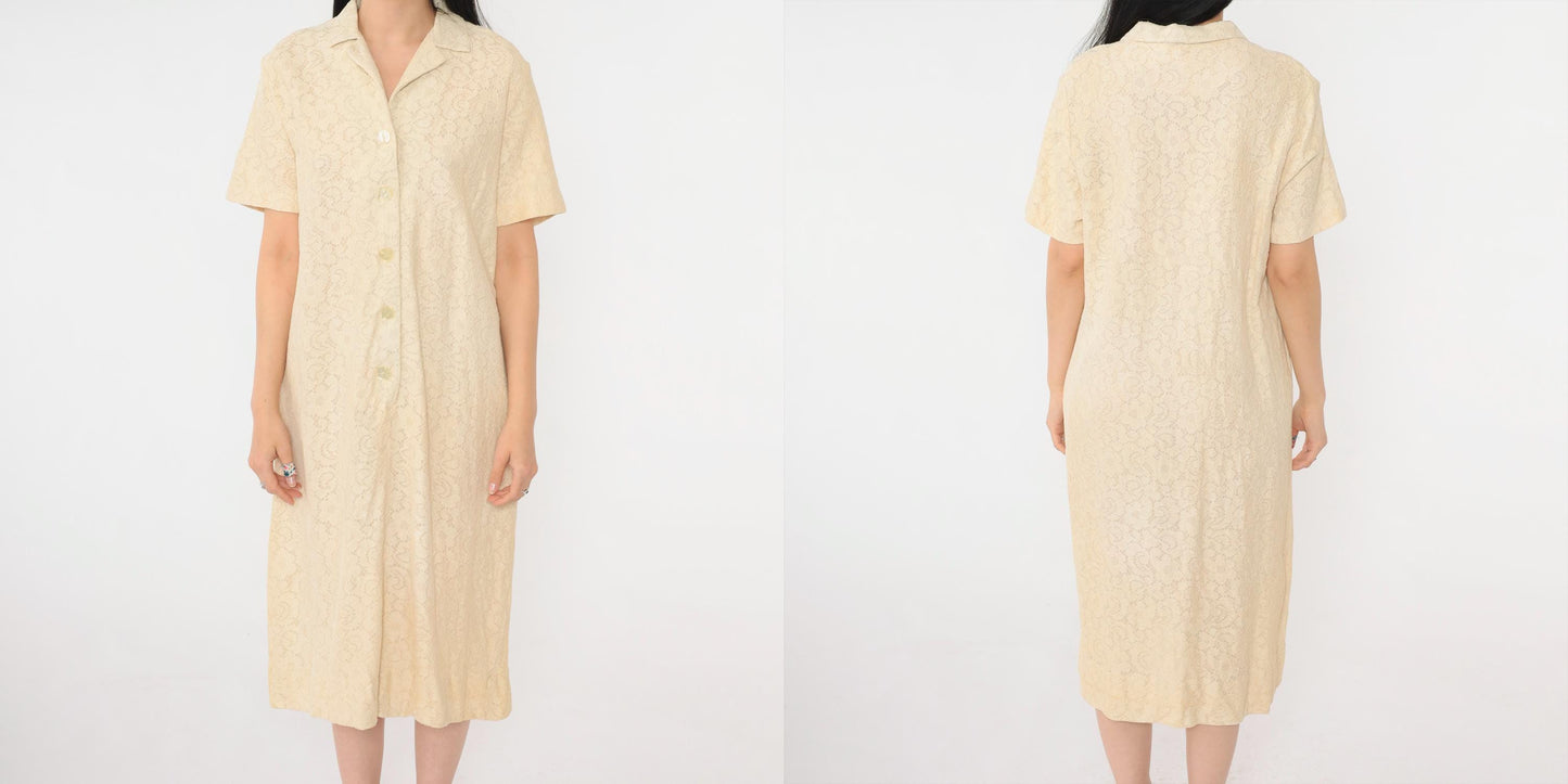 60s Cream Lace Shift Dress Button Front Knee Length Short Sleeve Medium M