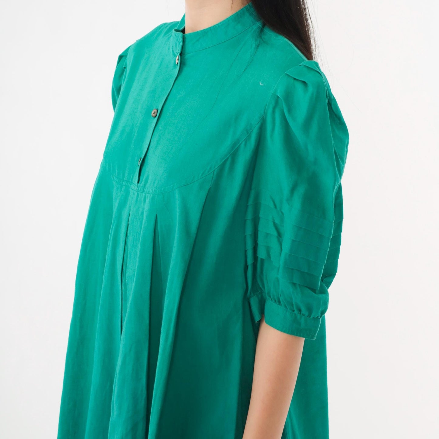80s Jordache Green Puff Sleeve Mini Dress Pleated Tent Cut Button Bib Medium
