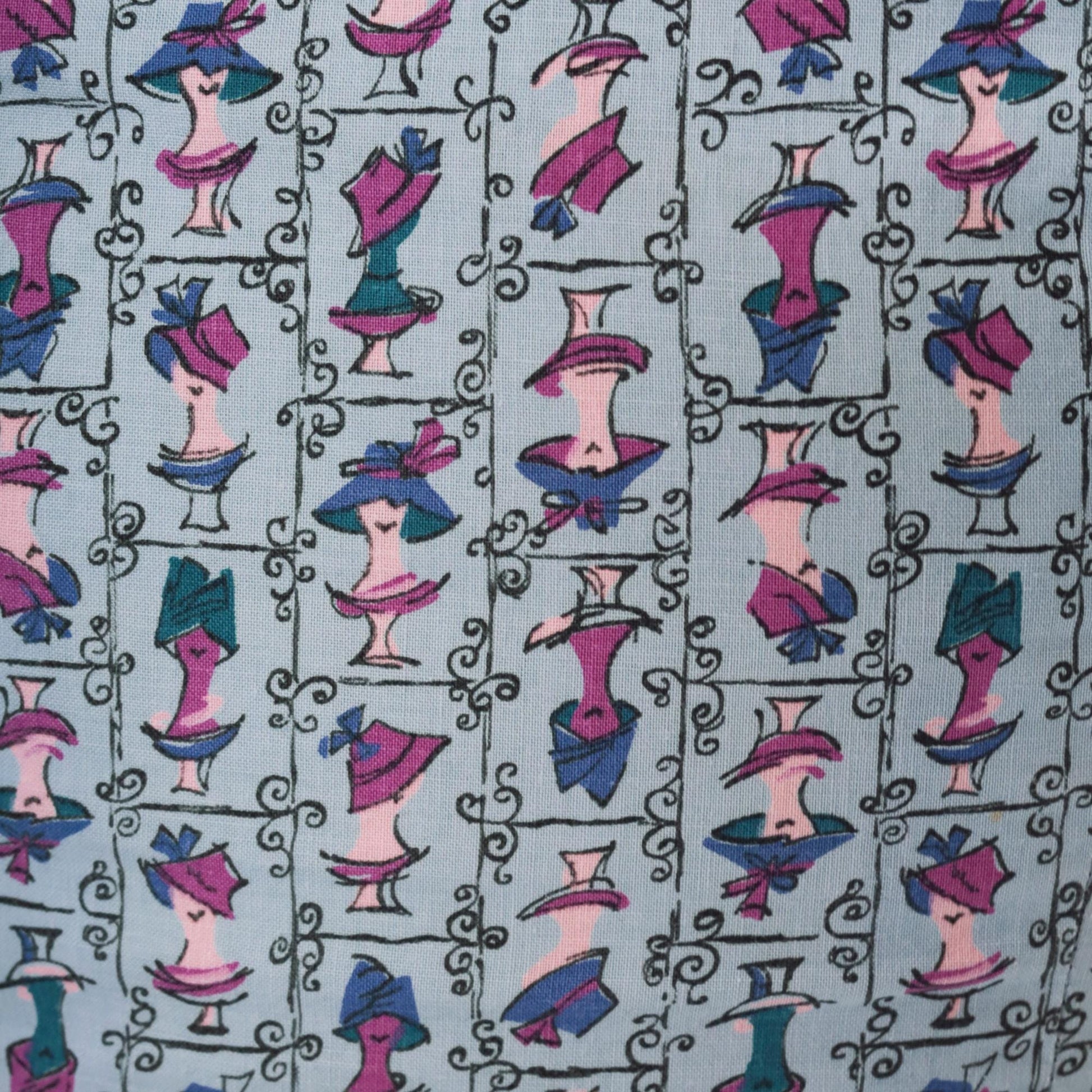 1950s Blue Cotton Novelty Print Dress Mannequin Heads Boatneck Sleeveless Extra Small