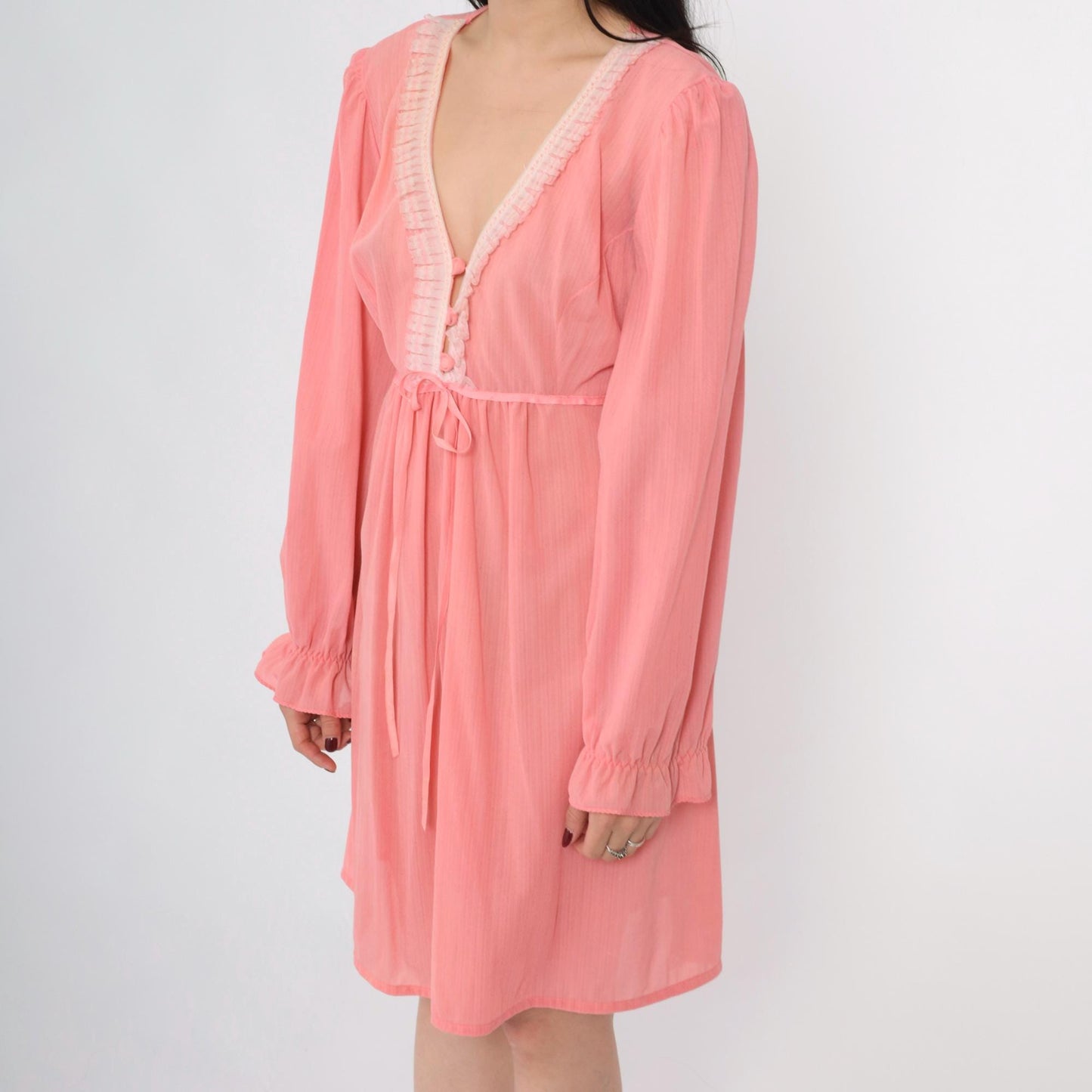 70s Pink Babydoll Dress Puff Sleeve Empire Waist Mini Sheer Ruffle Trim Large
