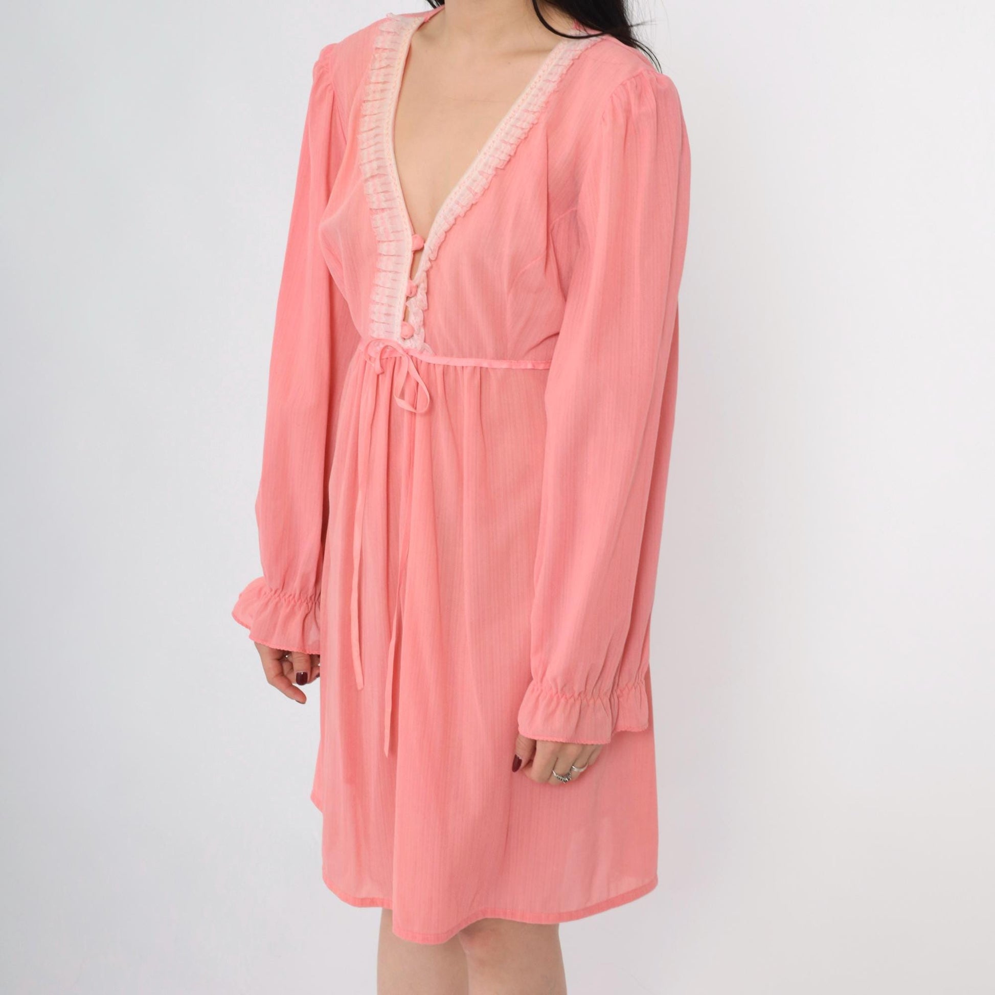 70s Pink Babydoll Dress Puff Sleeve Empire Waist Mini Sheer Ruffle Trim Large