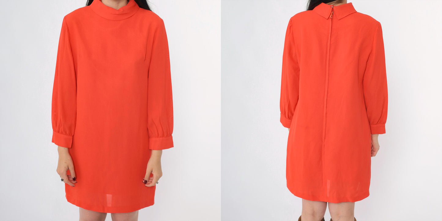60s Orange Shift Dress Mock Neck Long Sleeve Mini Mod Space Age Small